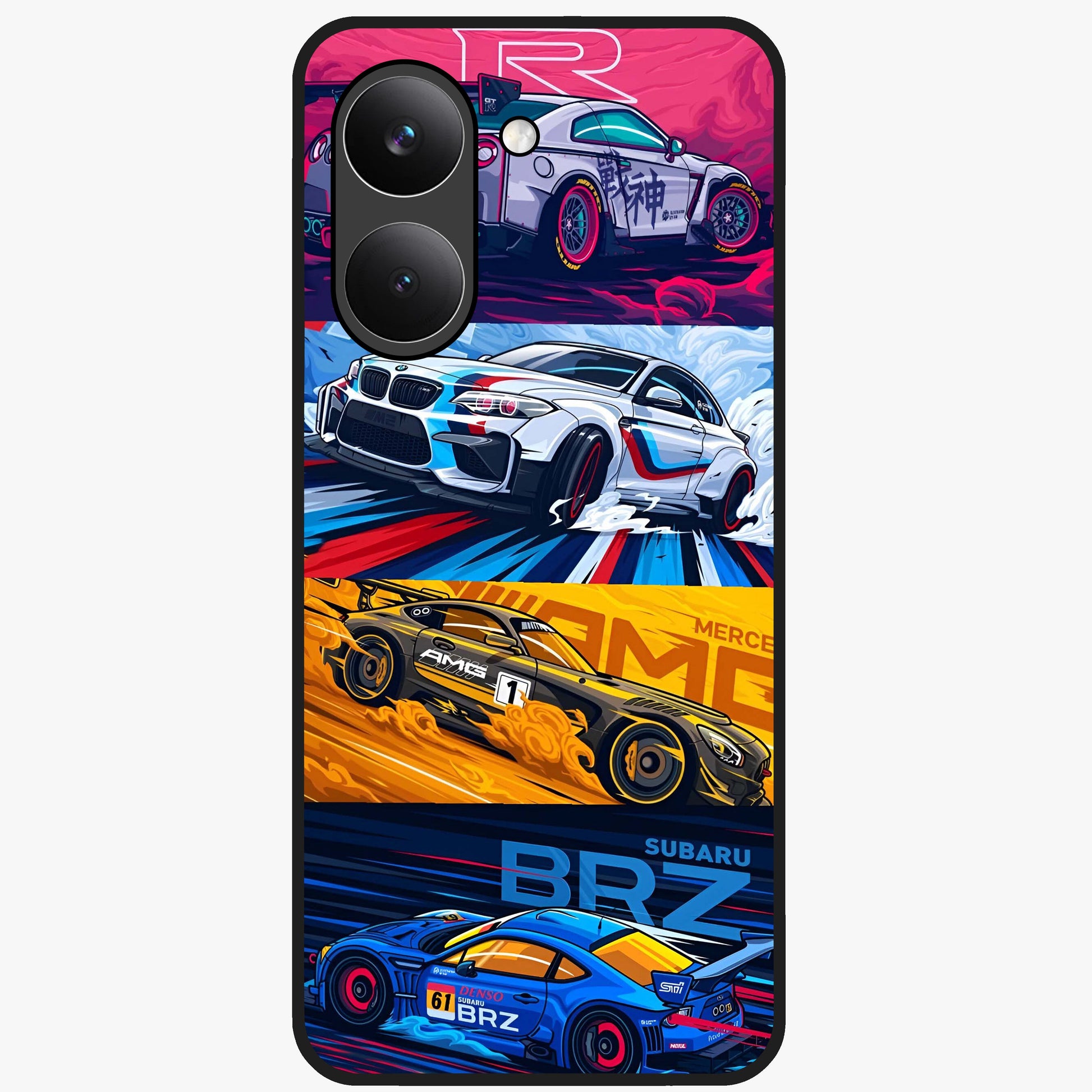 JDM Sports Car Glass Case showing flat back view with high performance sports car artwork and glossy glass finish.
