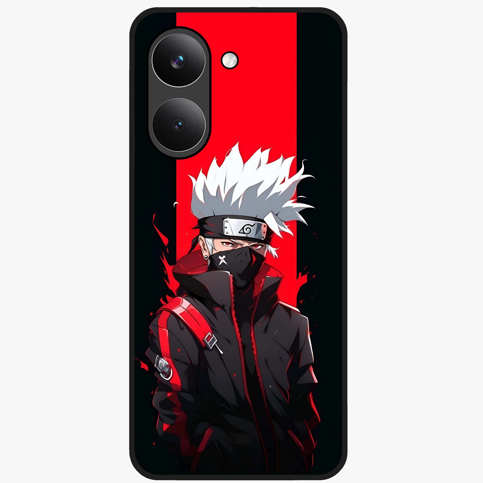 Kakashi Scarlet Shadow Glass Case showing flat back view with powerful anime ninja artwork and glossy glass finish.