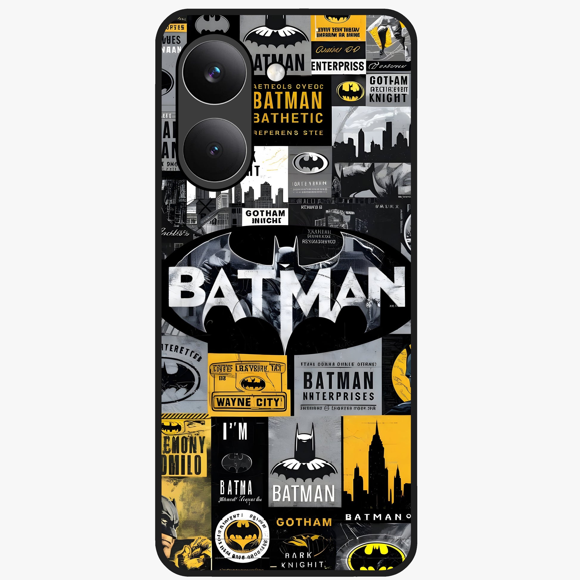 Knight Gotham Rise Glass Case showing flat back view with dark hero inspired artwork and glossy glass finish.