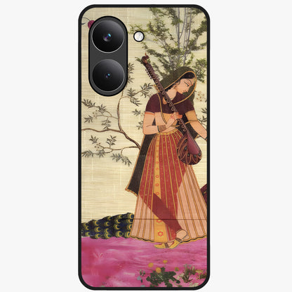 Lady With Veena Art Glass Case showing flat back view with elegant woman playing veena artwork and glossy glass finish.