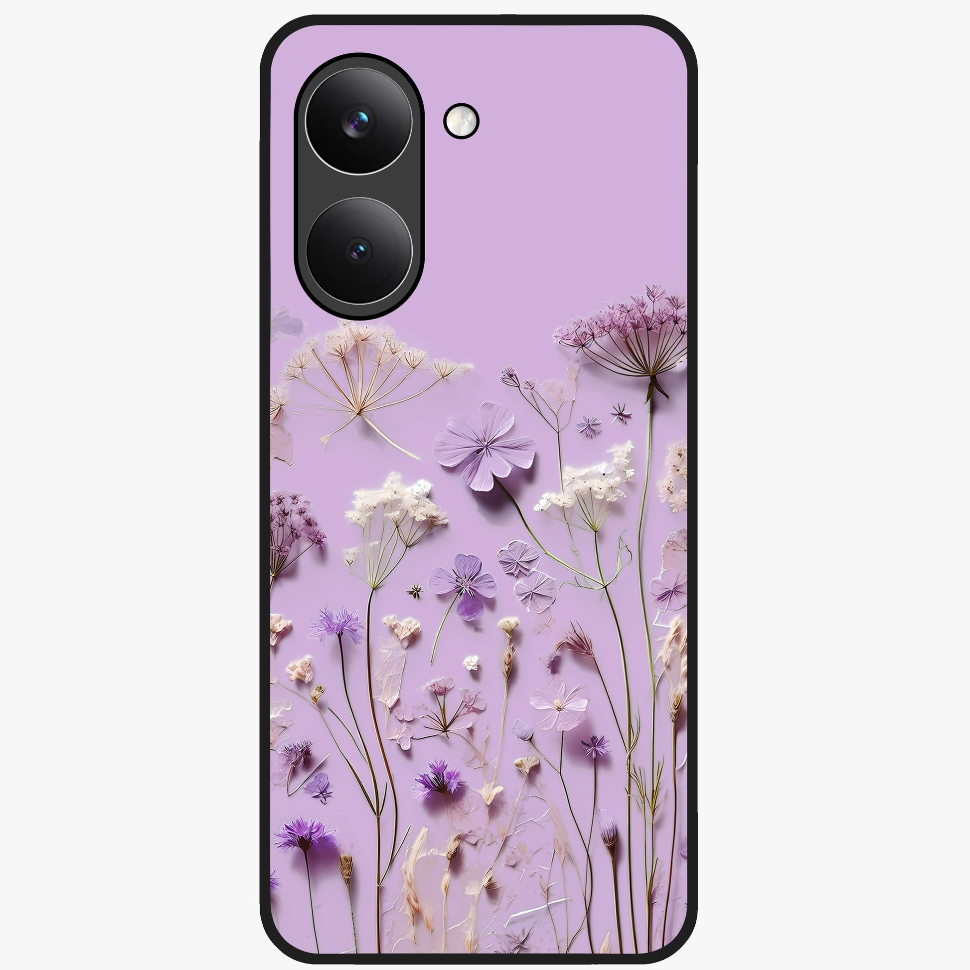 Lavender Blossom Dream Glass Case showing flat back view with soft lavender floral artwork and glossy glass finish.