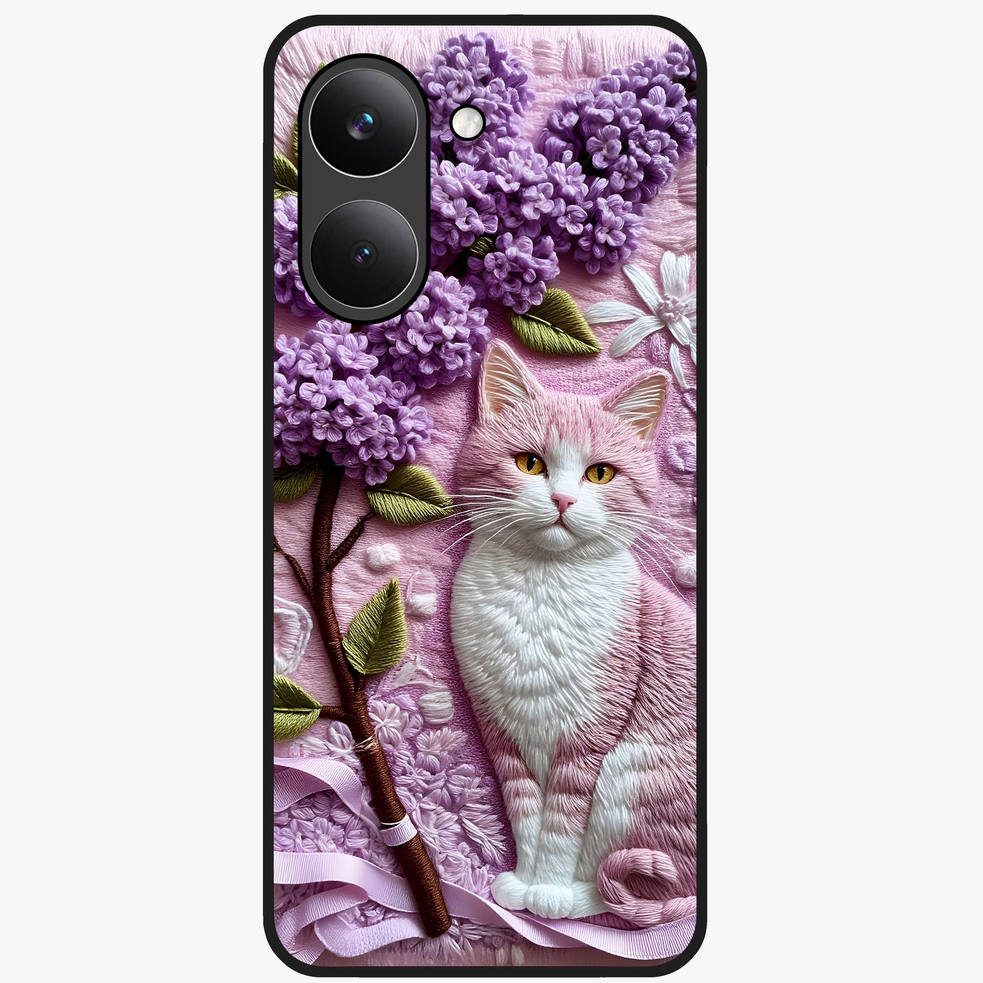 Lavender Cat Whimsy Glass Case showing flat back view with cute lavender cat artwork and glossy glass finish.