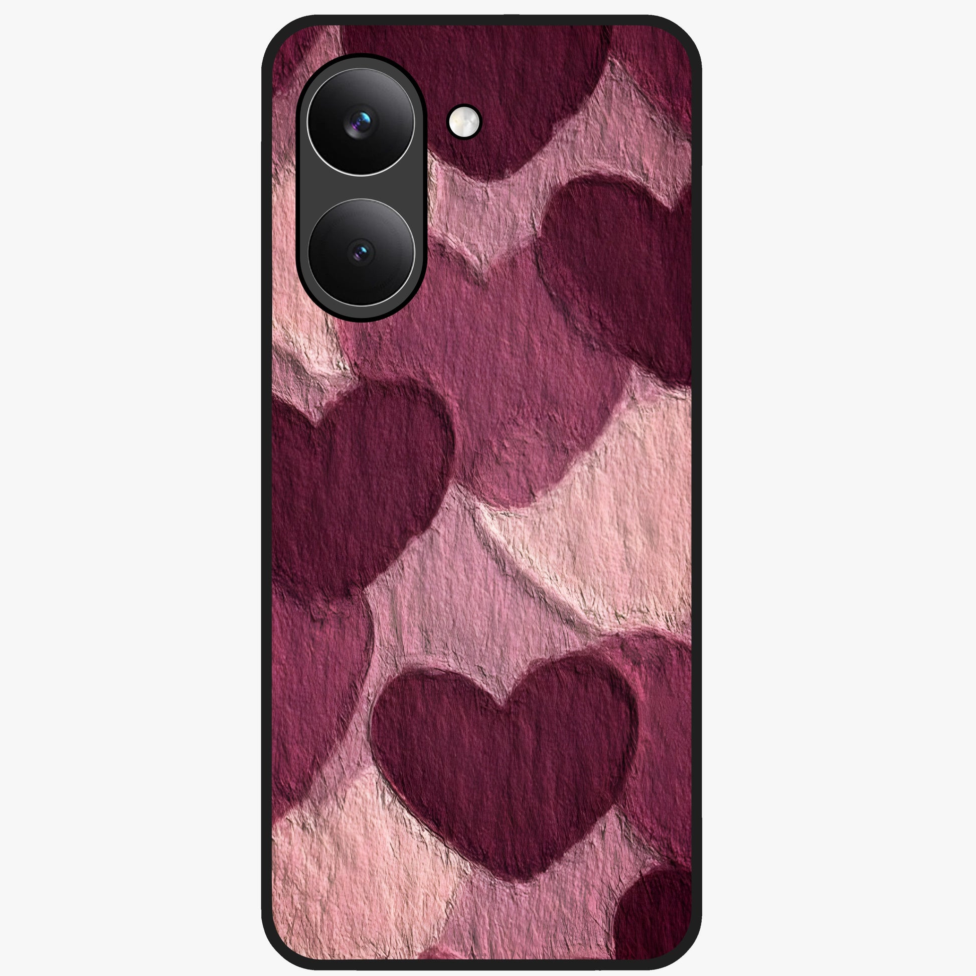 Layered Paper Hearts Glass Case showing flat back view with layered paper heart artwork and glossy glass finish.