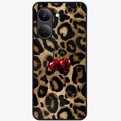 Leopard Wild Cherry Glass Case showing flat back view with leopard pattern and cherry artwork and glossy glass finish.