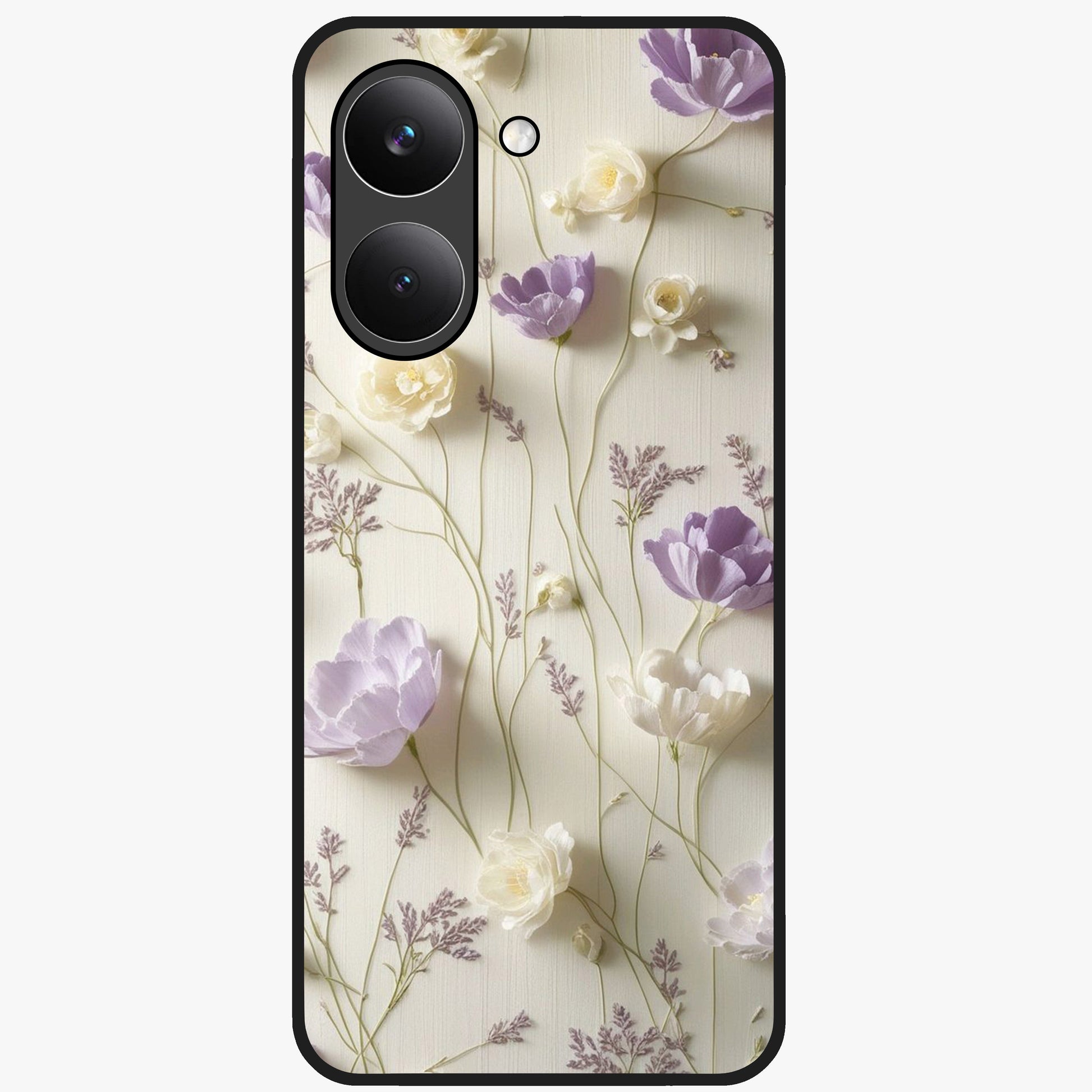 Lilac Breeze Harmony Glass Case showing flat back view with soft lilac themed artwork and glossy glass finish.