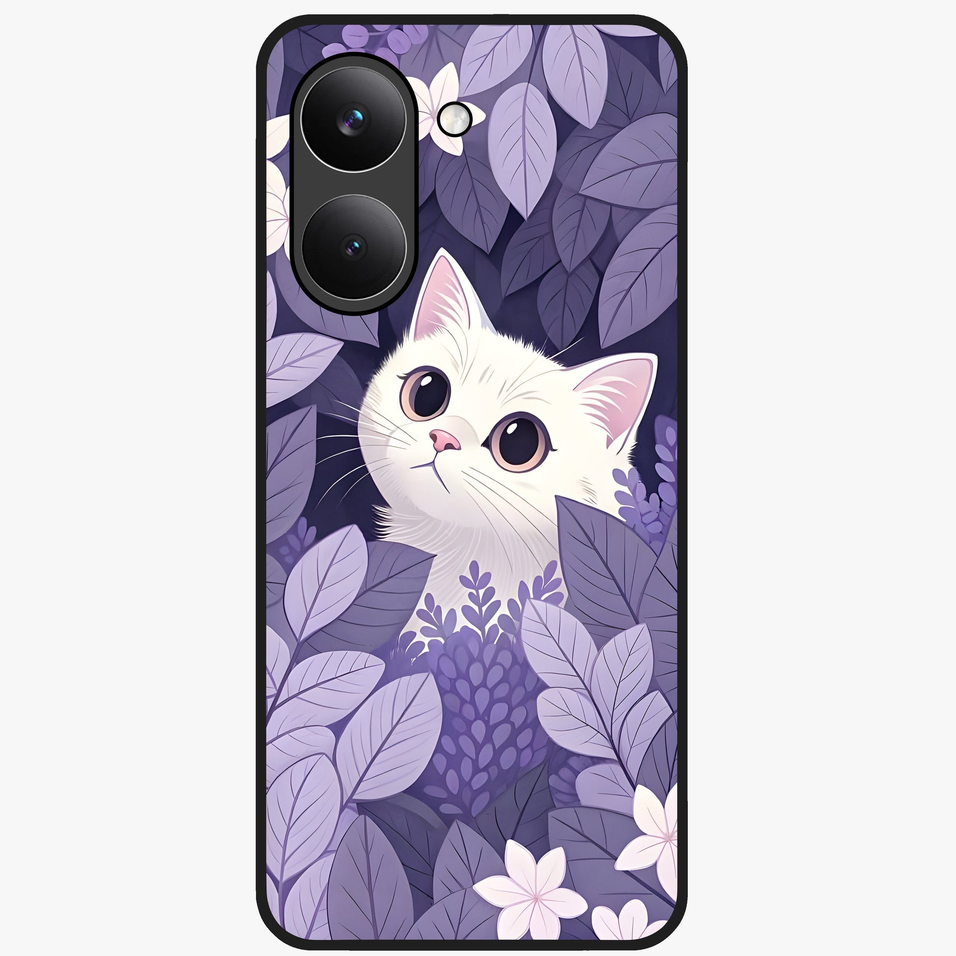 Lilac Hide Peek Cat Glass Case showing flat back view with cute peeking cat artwork and glossy glass finish.