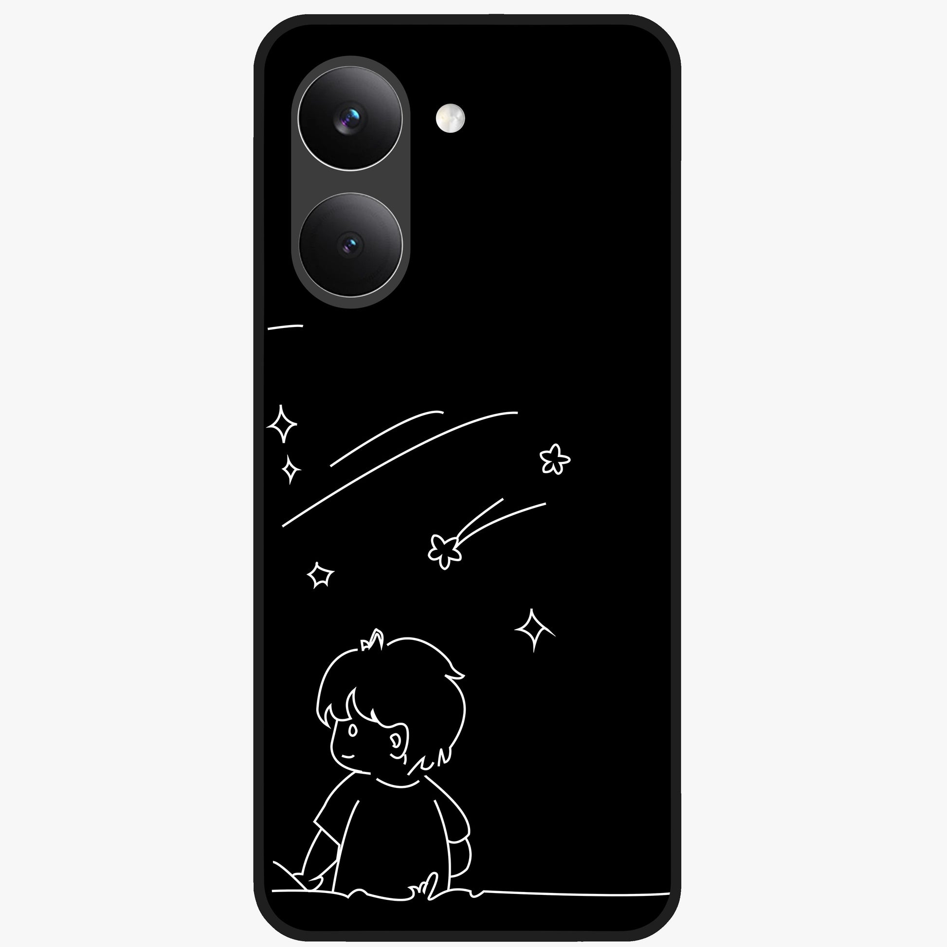 Line Art Boy With Shooting Stars Glass Case showing flat back view with minimal line art boy and shooting stars illustration and glossy glass finish.