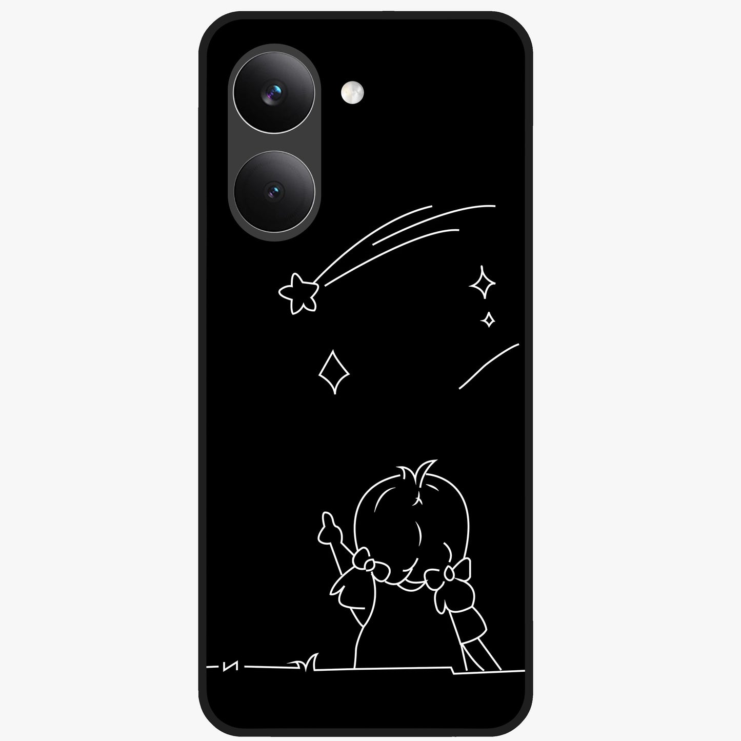 Line Art Girl With Shooting Stars Glass Case showing flat back view with minimal line art girl and shooting stars illustration and glossy glass finish.