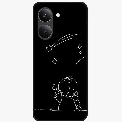 Line Art Girl With Shooting Stars Glass Case showing flat back view with minimal line art girl and shooting stars illustration and glossy glass finish.