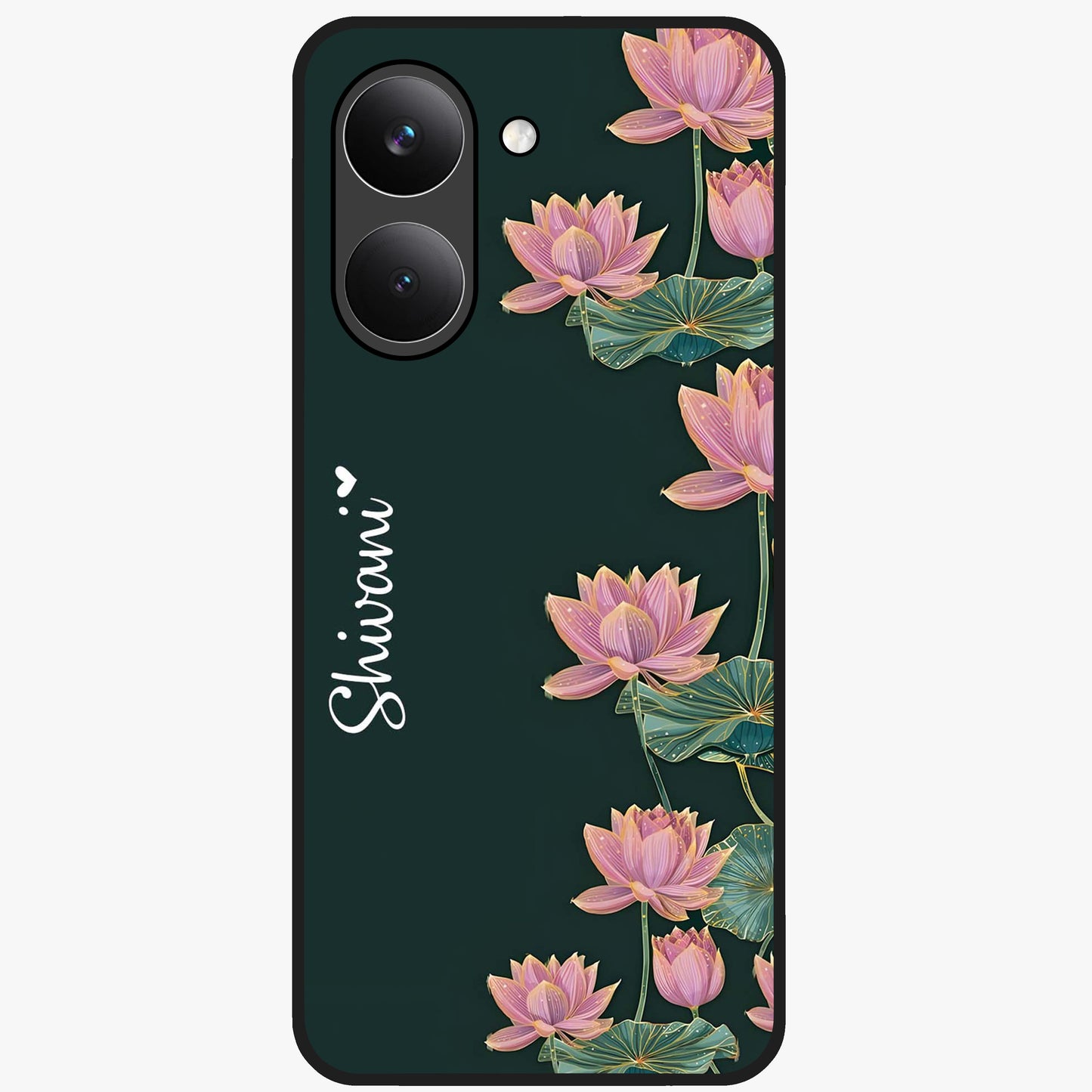 Lotus Bloom Serenity Custom Name Glass Case showing flat back view with elegant lotus flower artwork and personalized name design.