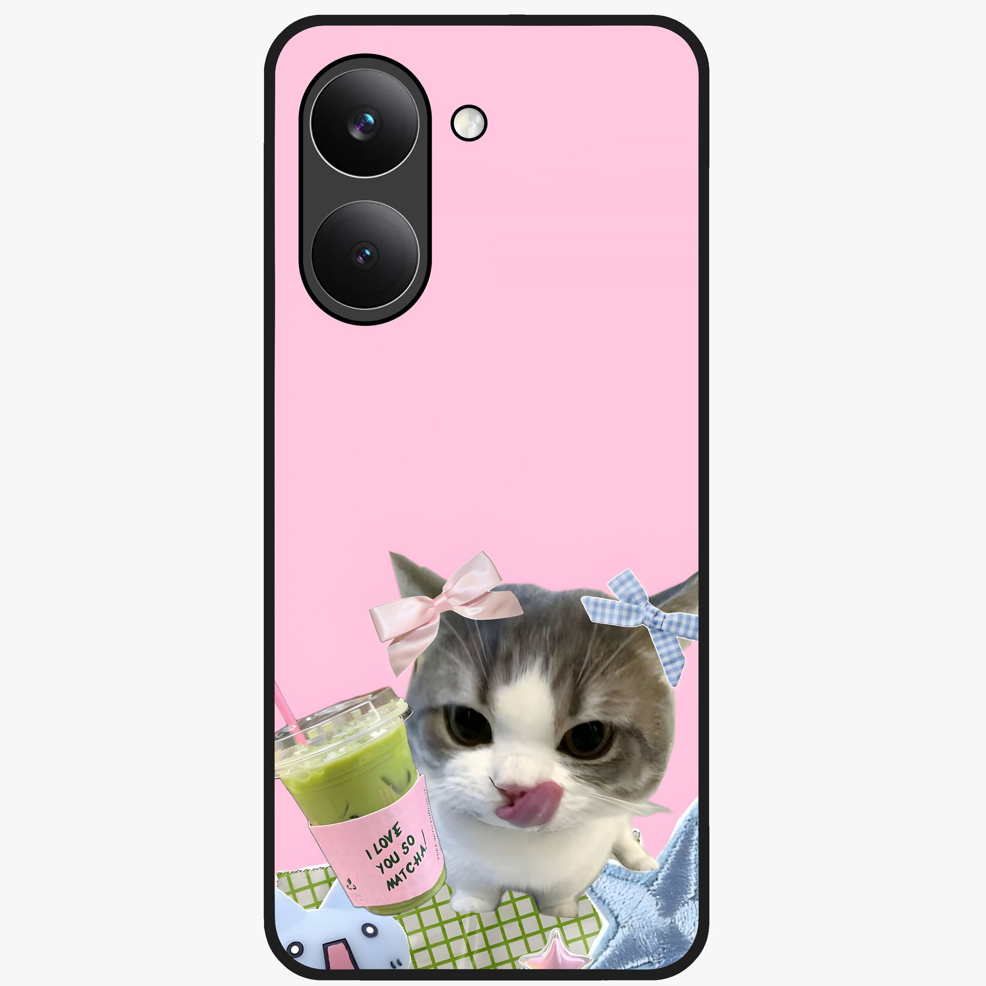 Love Matcha Cat Glass Case showing flat back view with cute cat and matcha themed artwork and glossy glass finish.