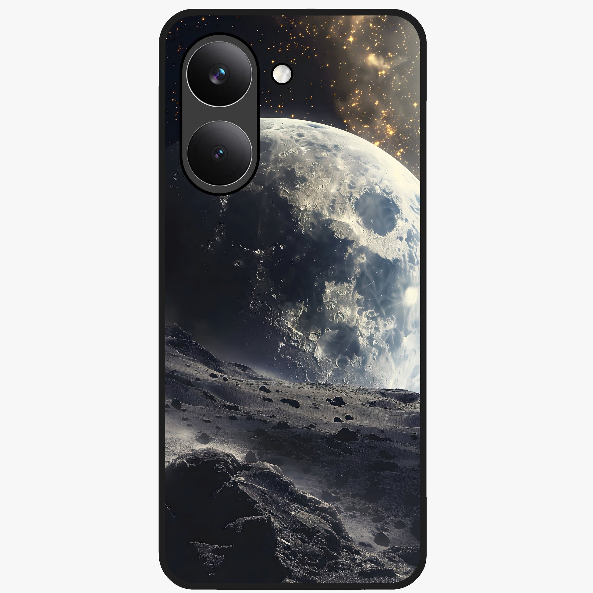 Lunar Horizon Glow Glass Case showing flat back view with glowing moon horizon artwork and glossy glass finish.
