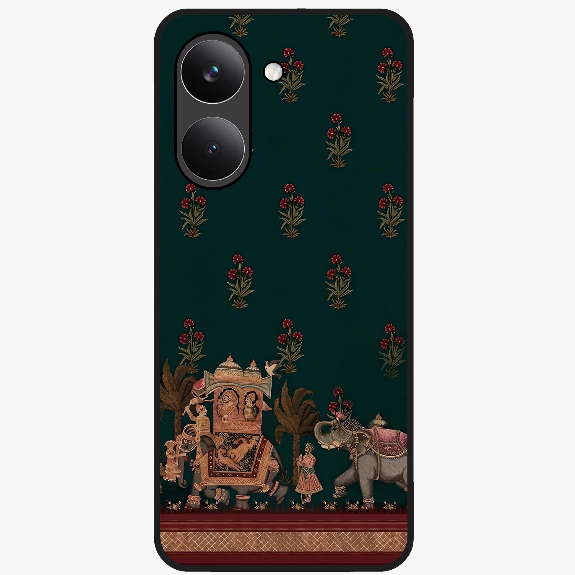Macmerise Glass Case showing flat back view with stylish modern artwork and glossy glass finish.