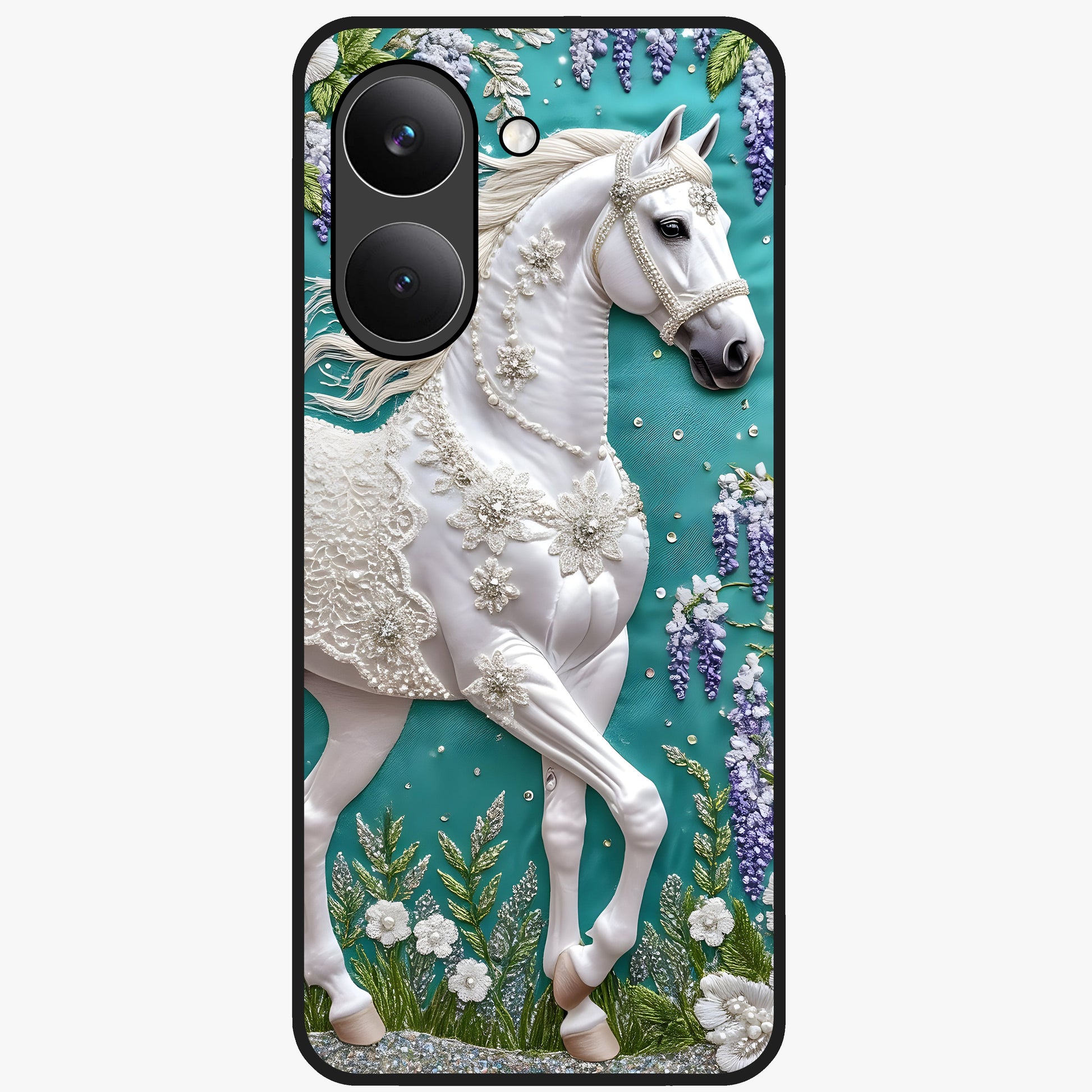 Majestic Floral Stallion Glass Case showing flat back view with powerful horse and floral artwork and glossy glass finish.
