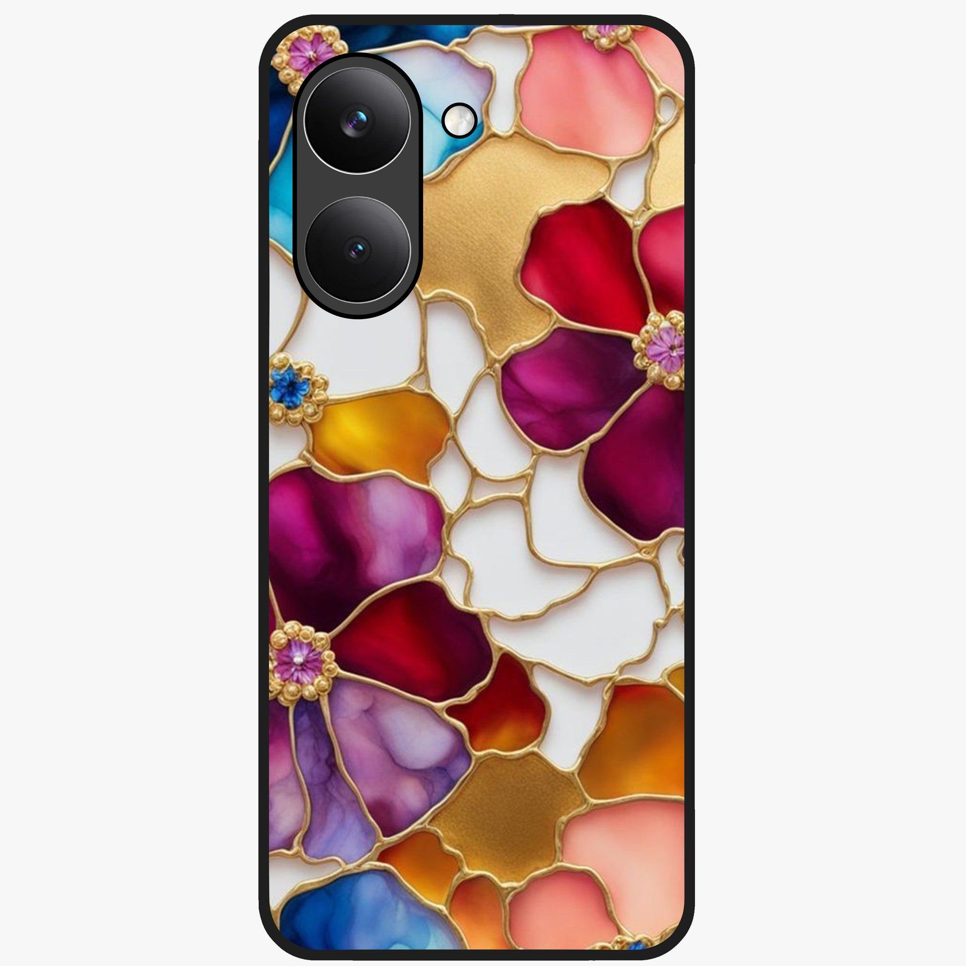 Marble Flower Pattern Glass Case showing flat back view with marble texture floral artwork and glossy glass finish.