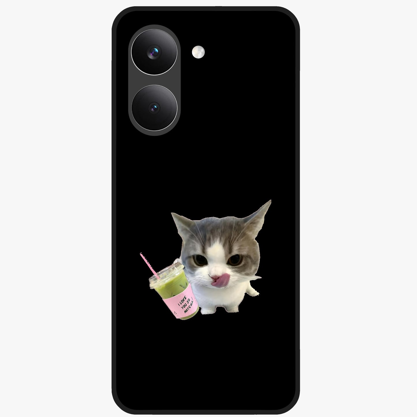 Matcha Cat Style Glass Case showing flat back view with cute matcha themed cat artwork and glossy glass finish.