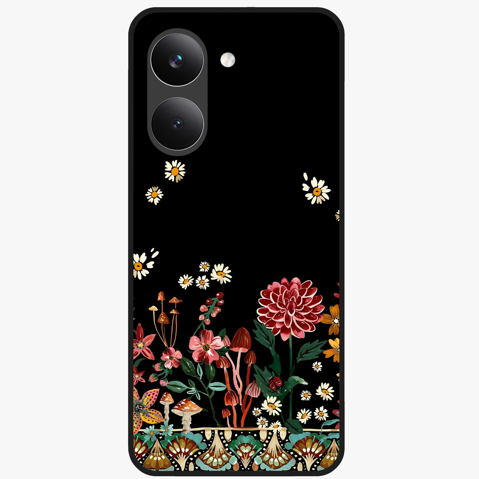 Midnight Bloom Pattern Glass Case showing flat back view with dark floral pattern artwork and glossy glass finish.