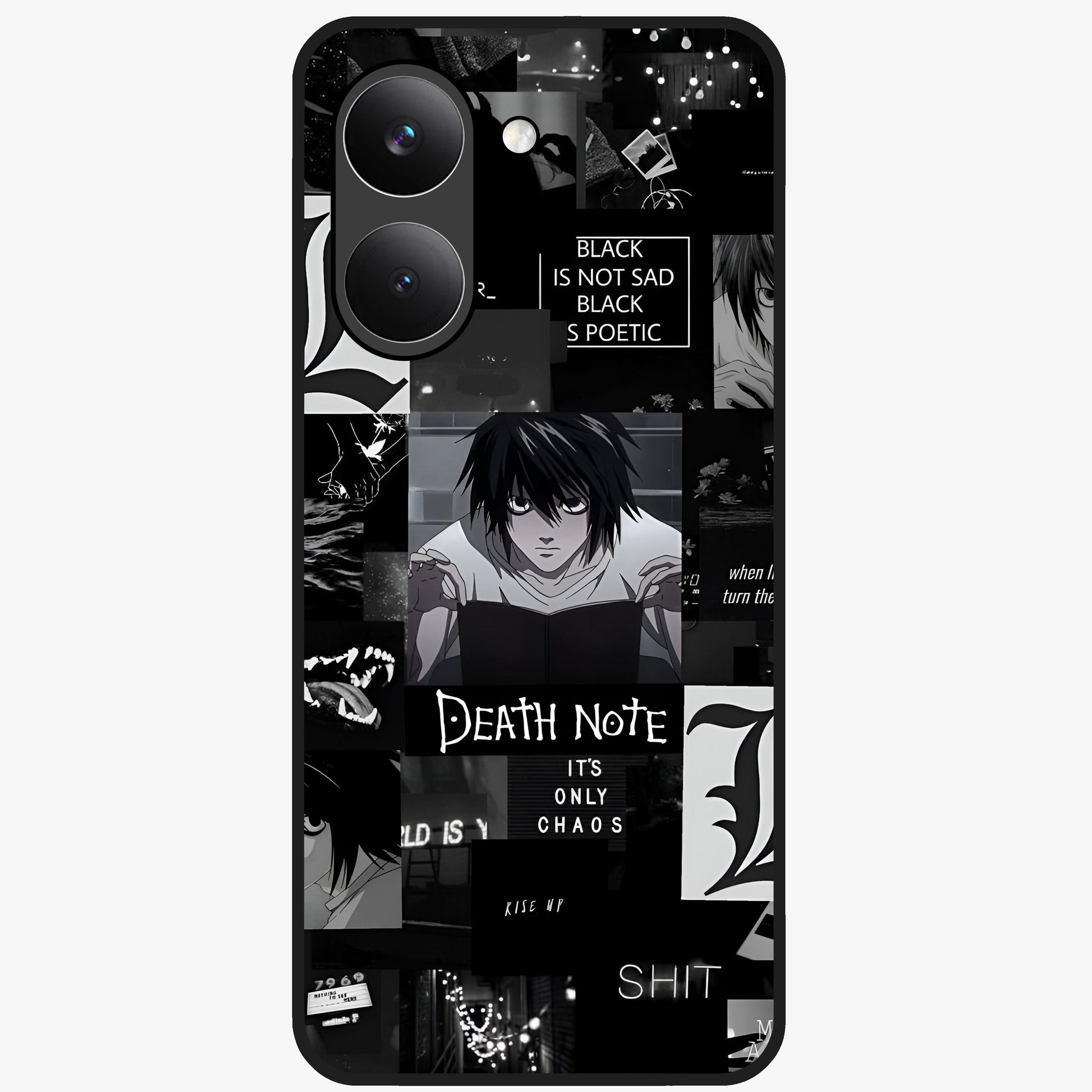 Midnight Chaos Mind Glass Case showing flat back view with abstract dark themed artwork and glossy glass finish.