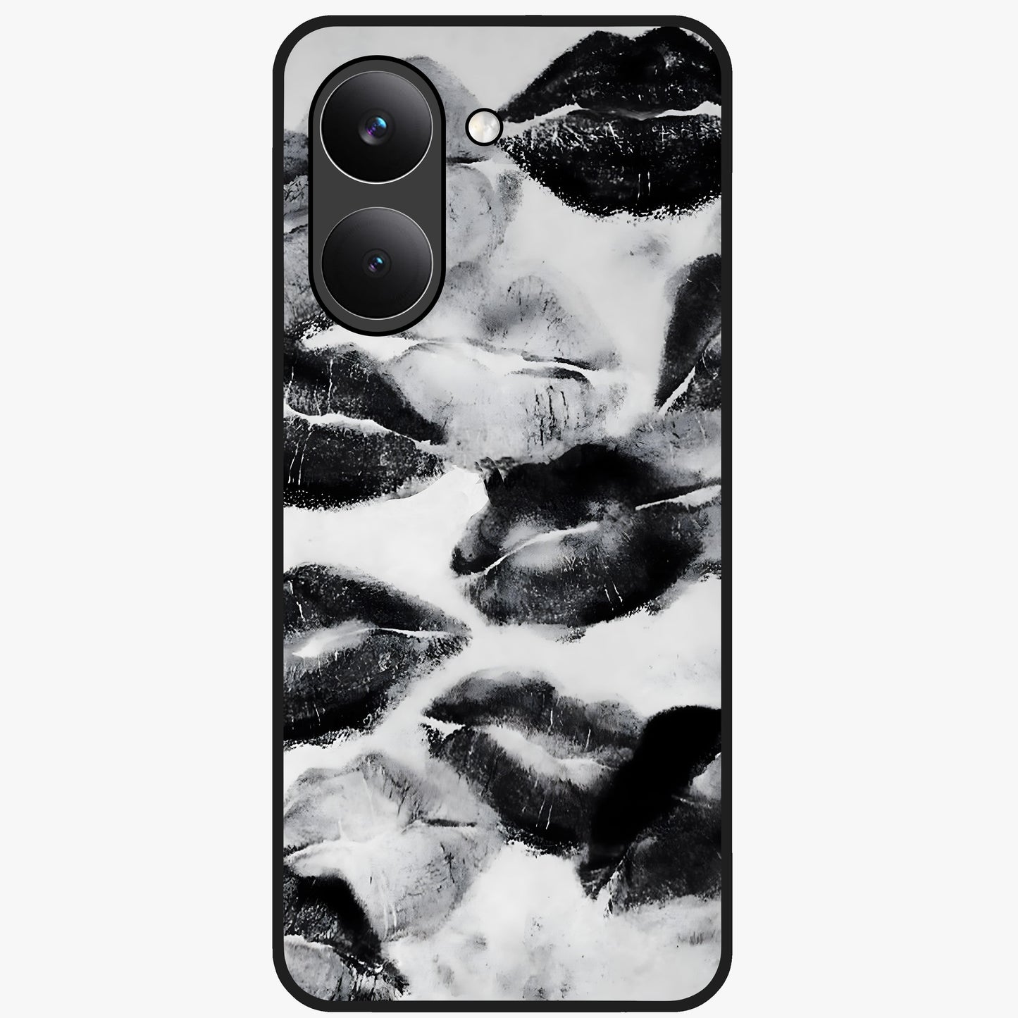 Midnight Kiss Marks Glass Case showing flat back view with lipstick kiss mark artwork and glossy glass finish.