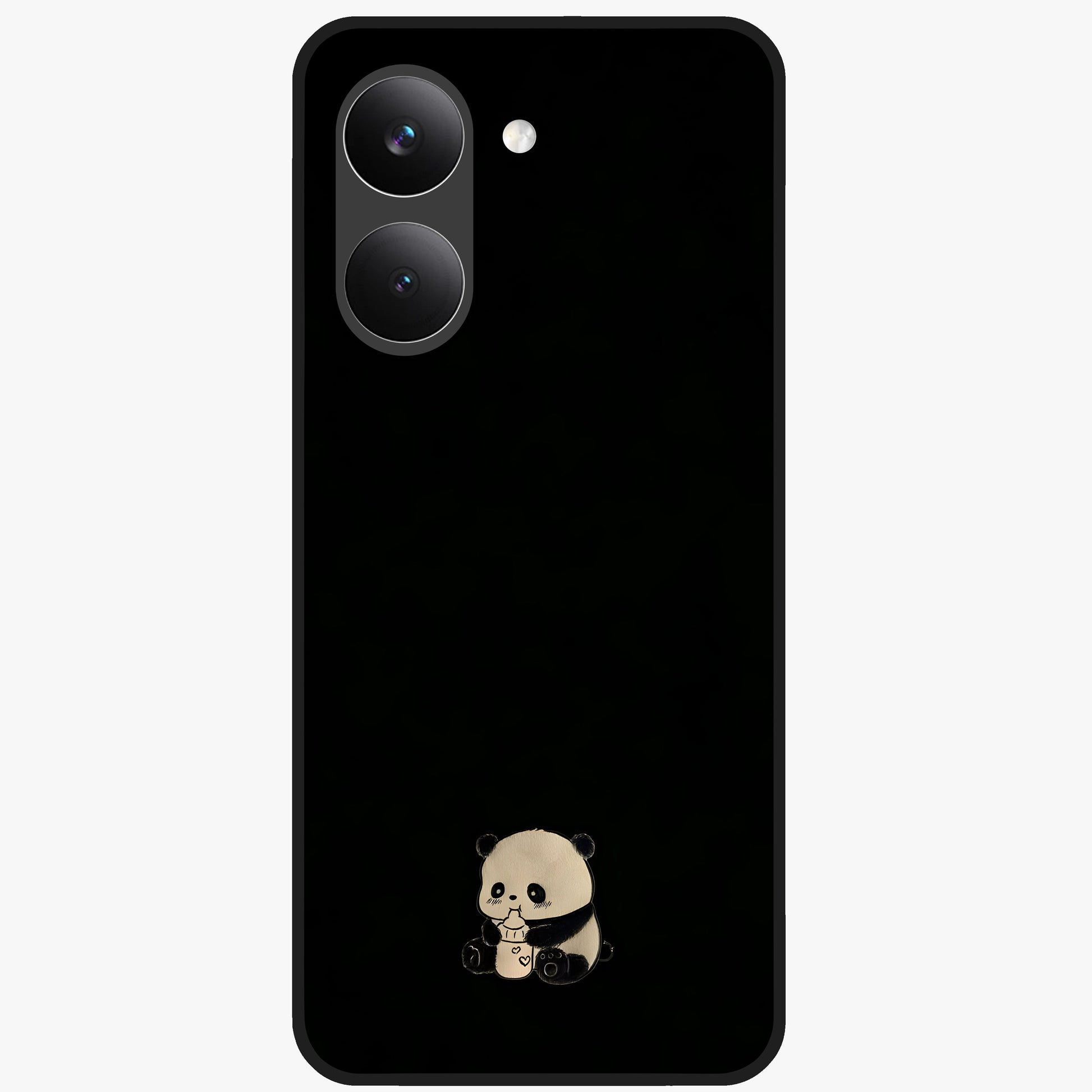 Midnight Panda Love Glass Case showing flat back view with cute panda themed artwork and glossy glass finish.