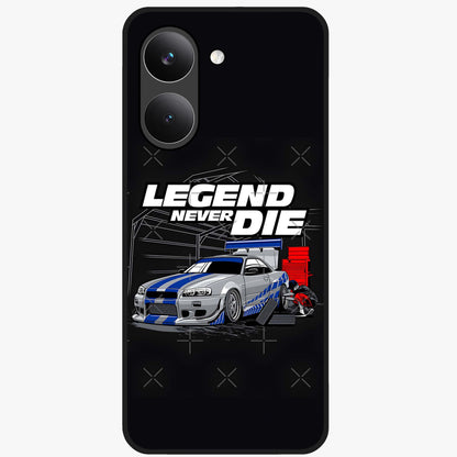 Midnight Racing Legacy Glass Case showing flat back view with sleek racing inspired artwork and glossy glass finish.