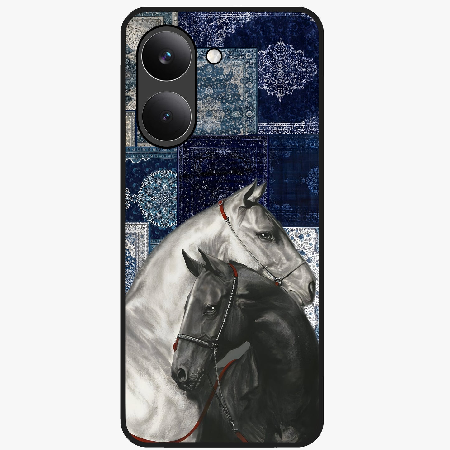 Midnight Stallion Blues Glass Case showing flat back view with majestic horse artwork and glossy glass finish.