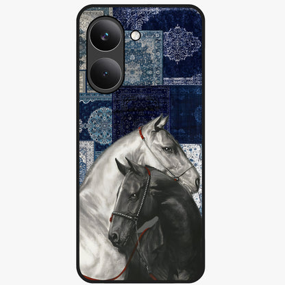 Midnight Stallion Blues Glass Case showing flat back view with majestic horse artwork and glossy glass finish.
