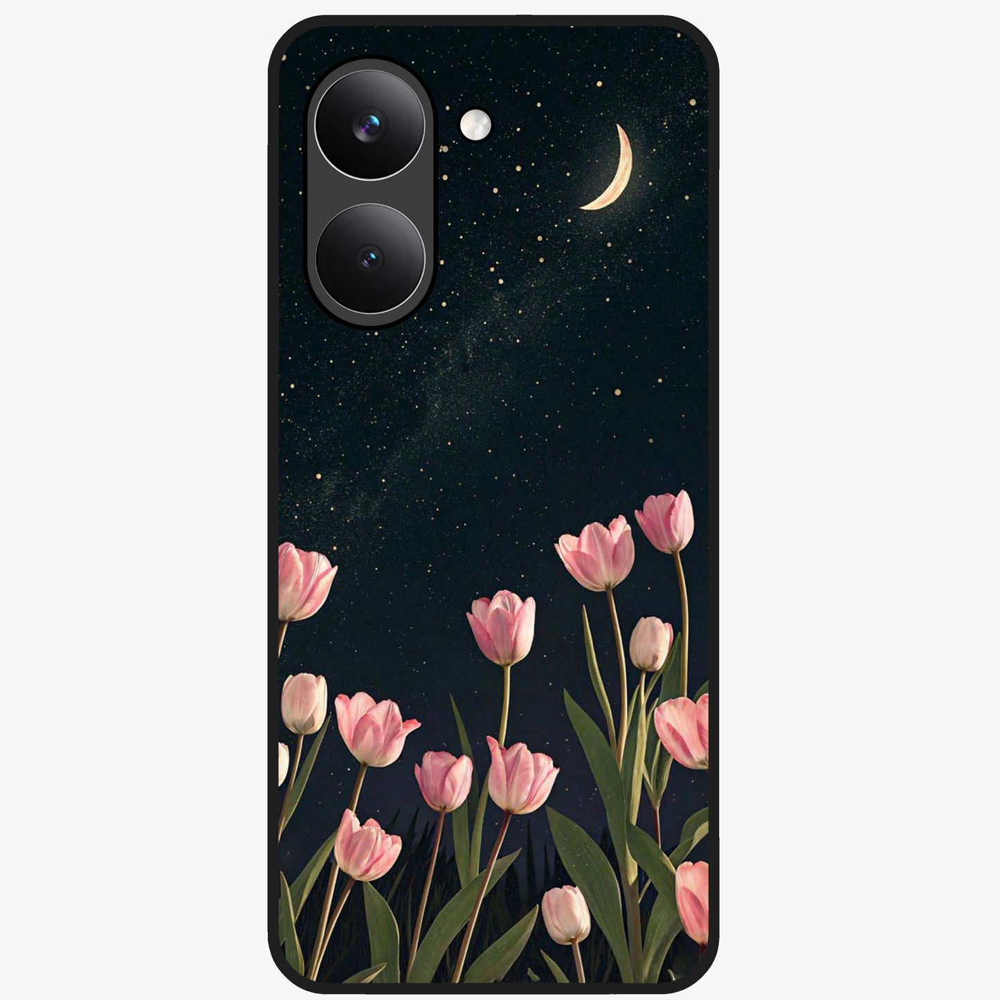 Midnight Tulip Whispers Vibe Glass Case showing flat back view with elegant tulip flower artwork and glossy glass finish.