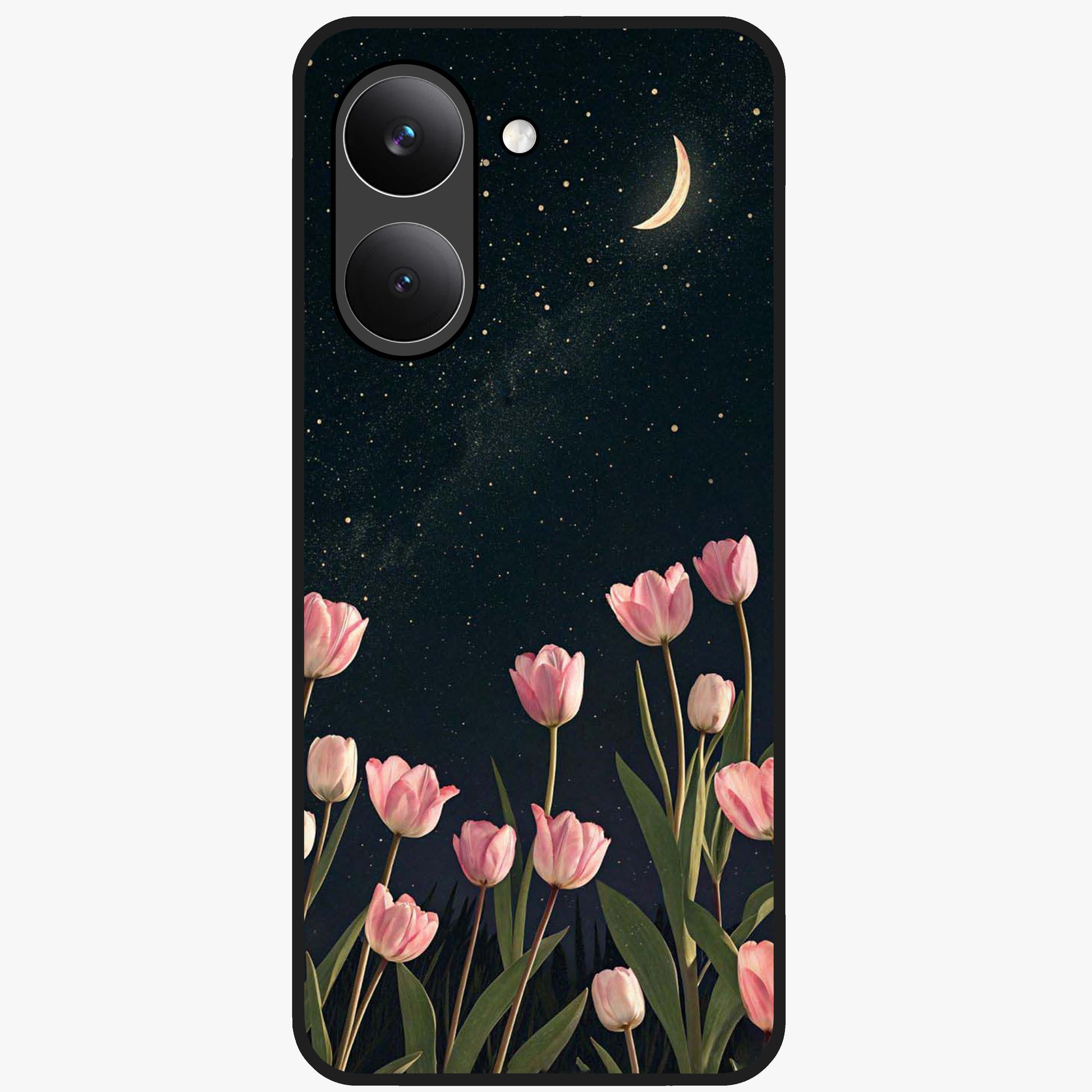 Midnight Tulip Whispers Vibe Glass Case showing flat back view with elegant tulip flower artwork and glossy glass finish.