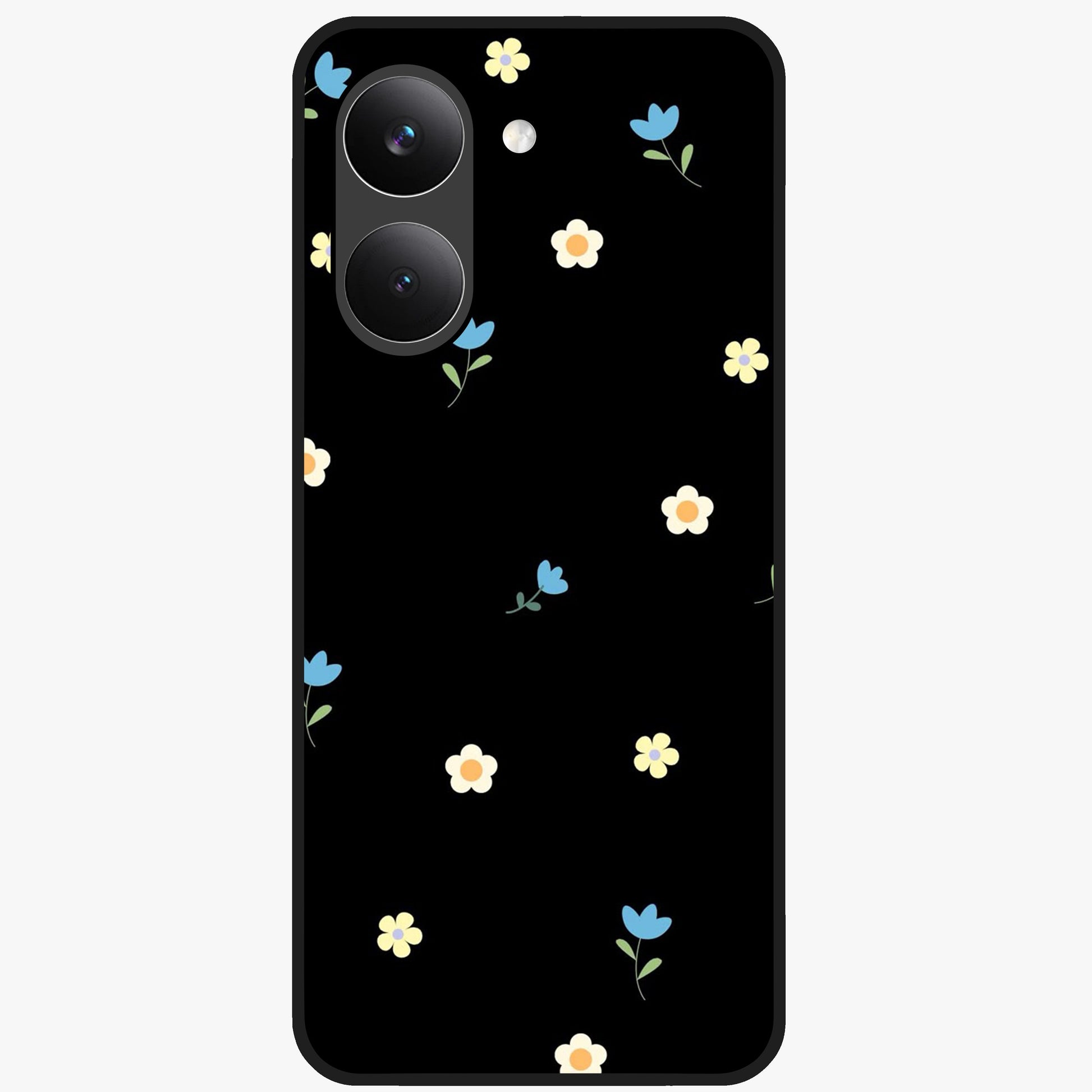Minimalistic Blue With White Flower Pattern Glass Case showing flat back view with blue background and white flower pattern and glossy glass finish.