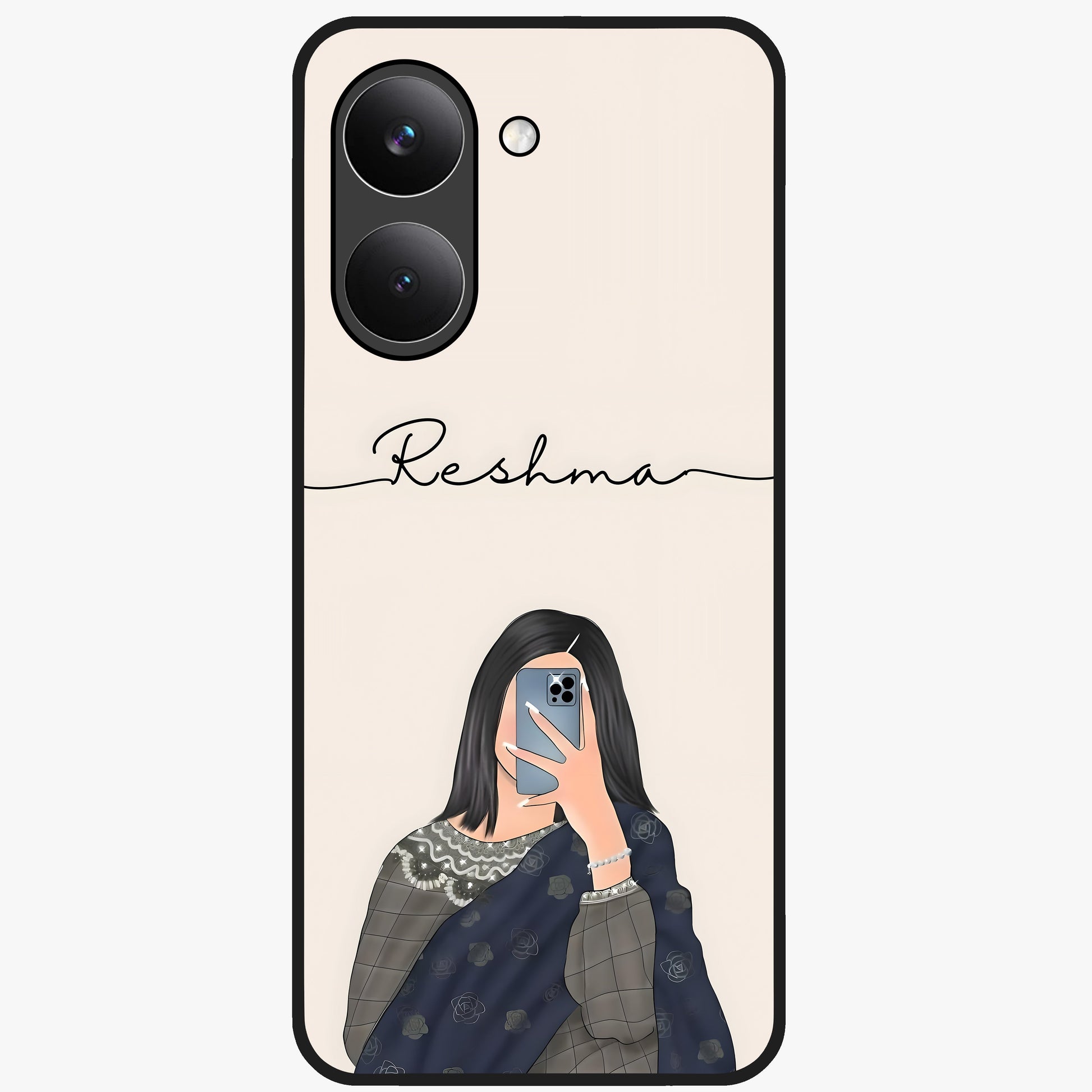 Mirror Mood Muse With Custom Name Glass Case showing flat back view with stylish mirrored artwork and personalized name design.