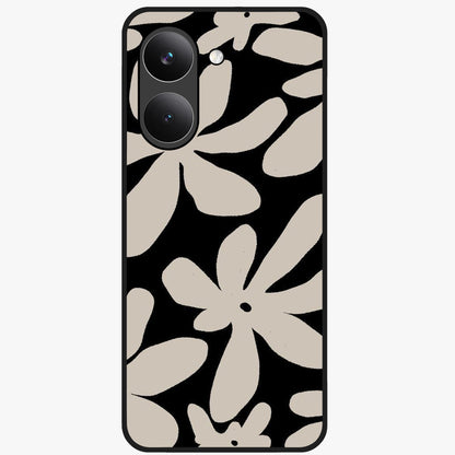 Monochrome Petal Dance Glass Case showing flat back view with monochrome floral artwork and glossy glass finish.