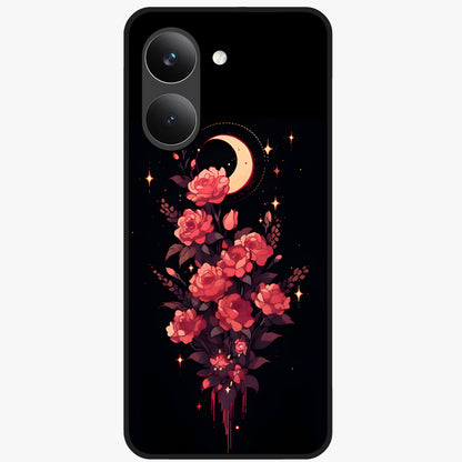 Moonlit Floral Elegance Glass Case showing flat back view with elegant floral artwork under moonlit tones and glossy glass finish.