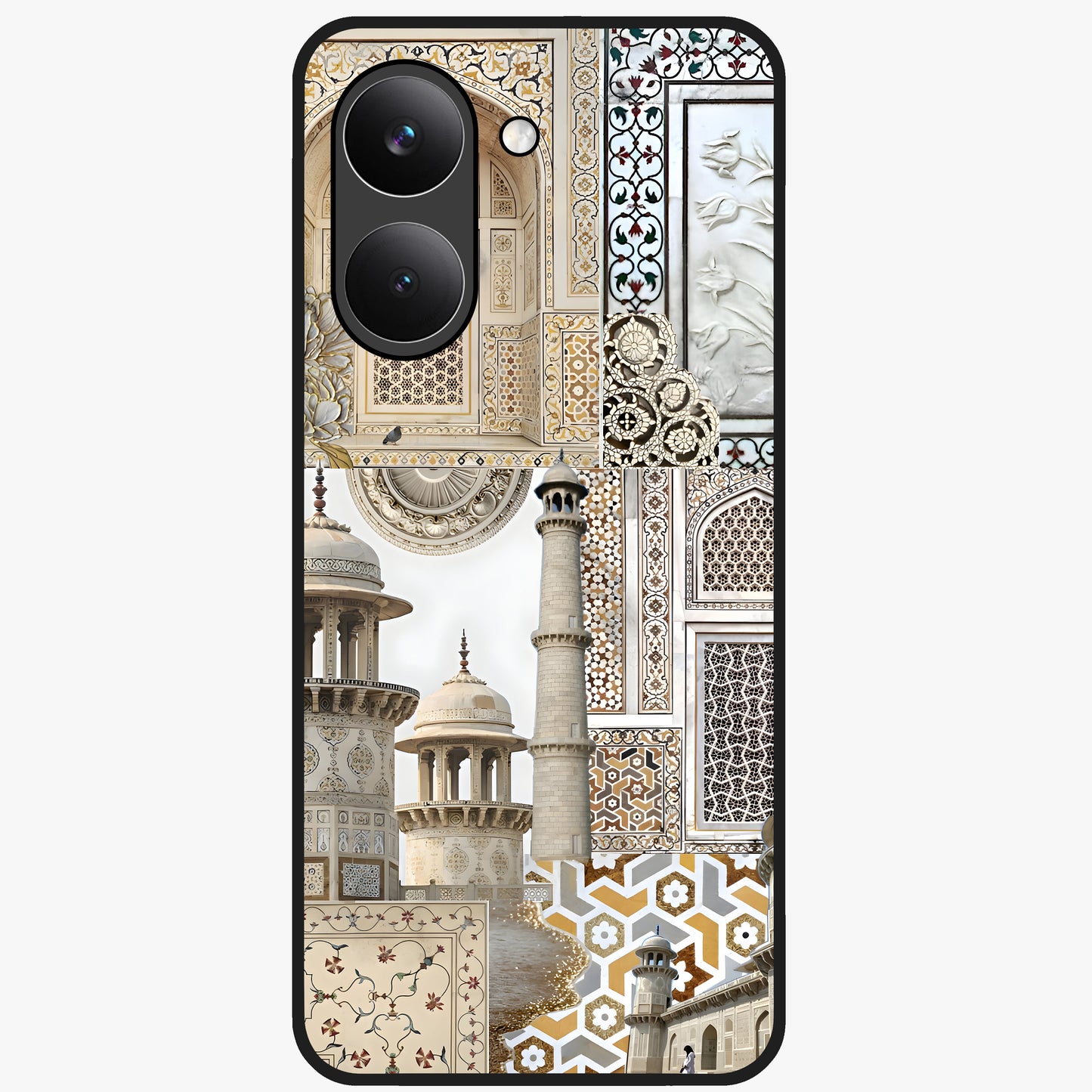 Mughal Marble Legacy Glass Case showing flat back view with intricate Mughal inspired marble pattern and glossy glass finish.