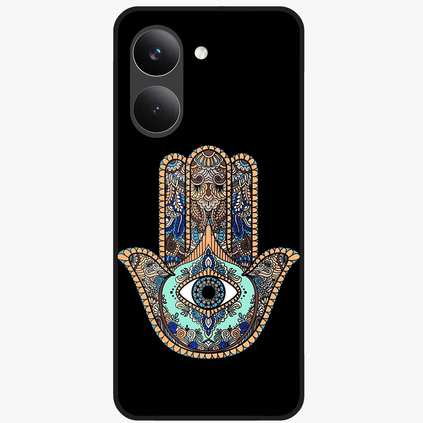 Mystic Hamsa Eye Glass Case showing flat back view with protective hamsa hand and evil eye artwork and glossy glass finish.