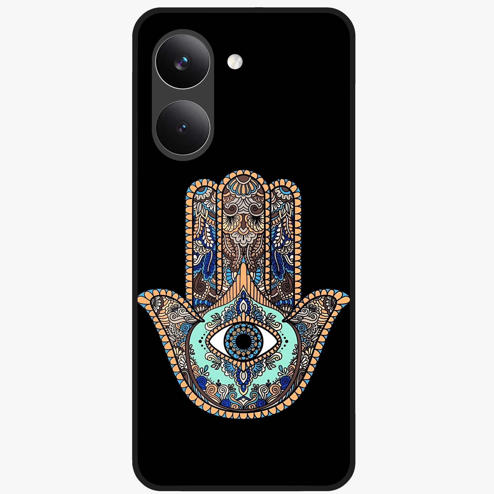 Mystic Hamsa Eye Glass Case showing flat back view with protective hamsa hand and evil eye artwork and glossy glass finish.