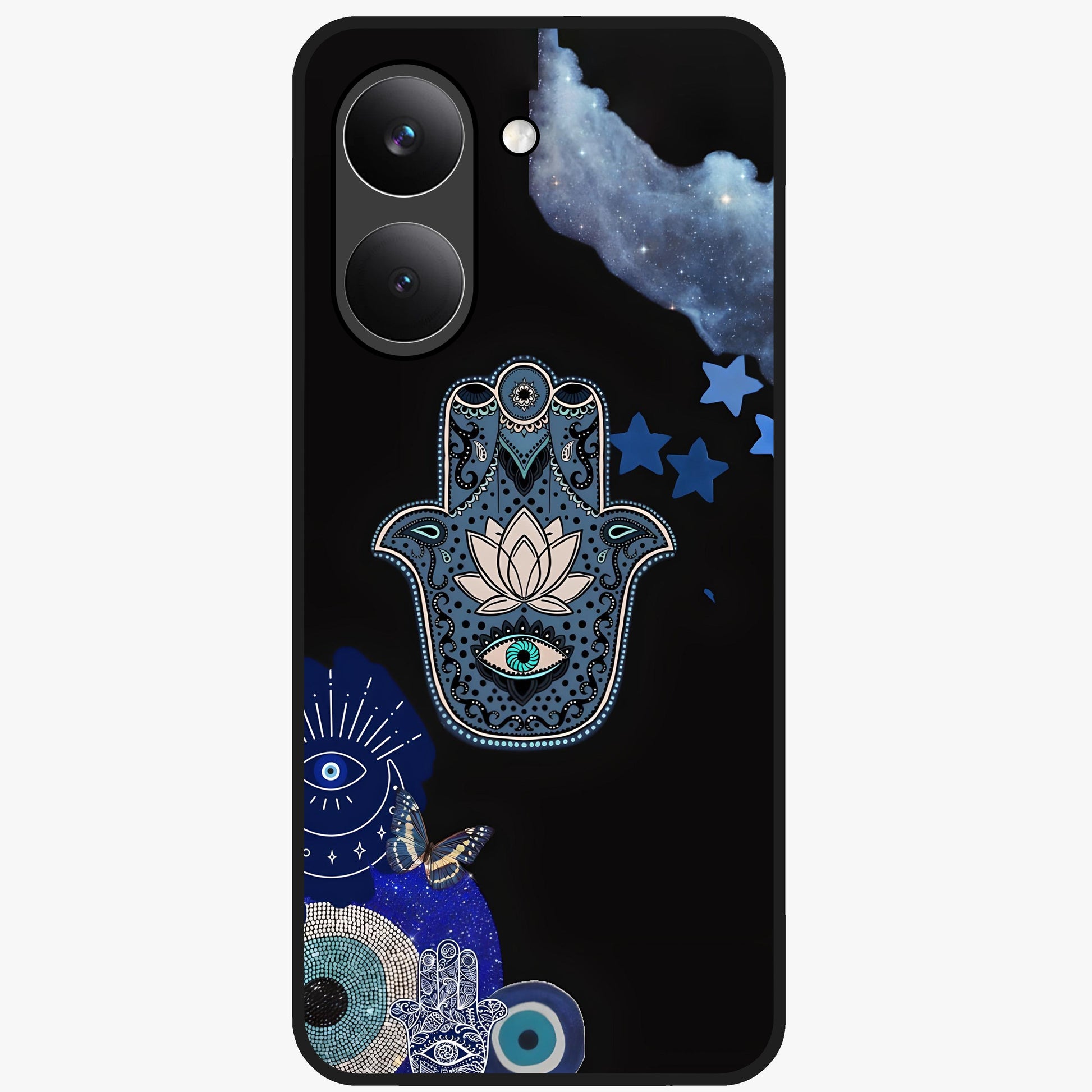Mystic Hand Aura Glass Case showing flat back view with mystical hand symbol artwork and glossy glass finish.