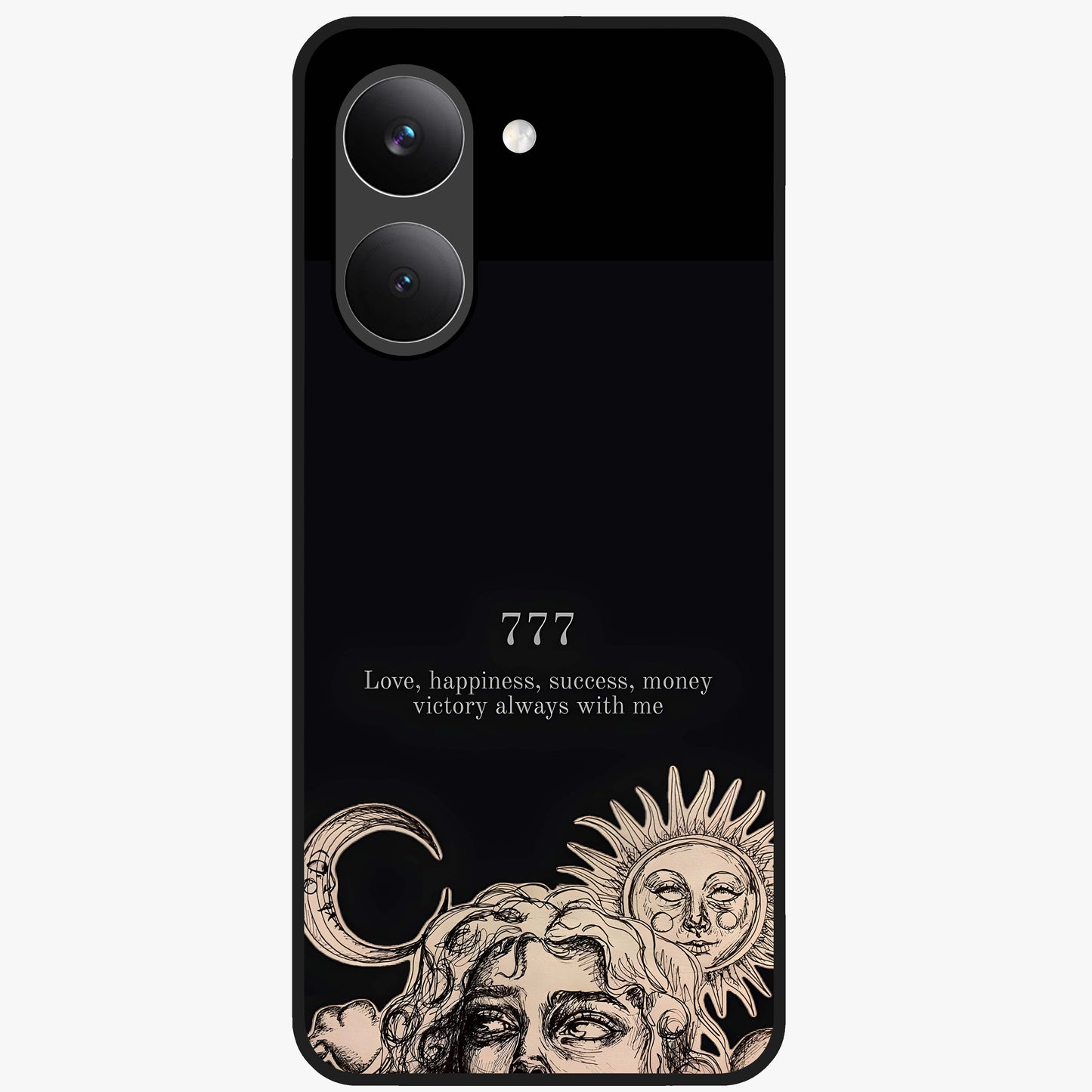 Mystic Victory Aura Glass Case showing flat back view with victory symbol artwork and glossy glass finish.