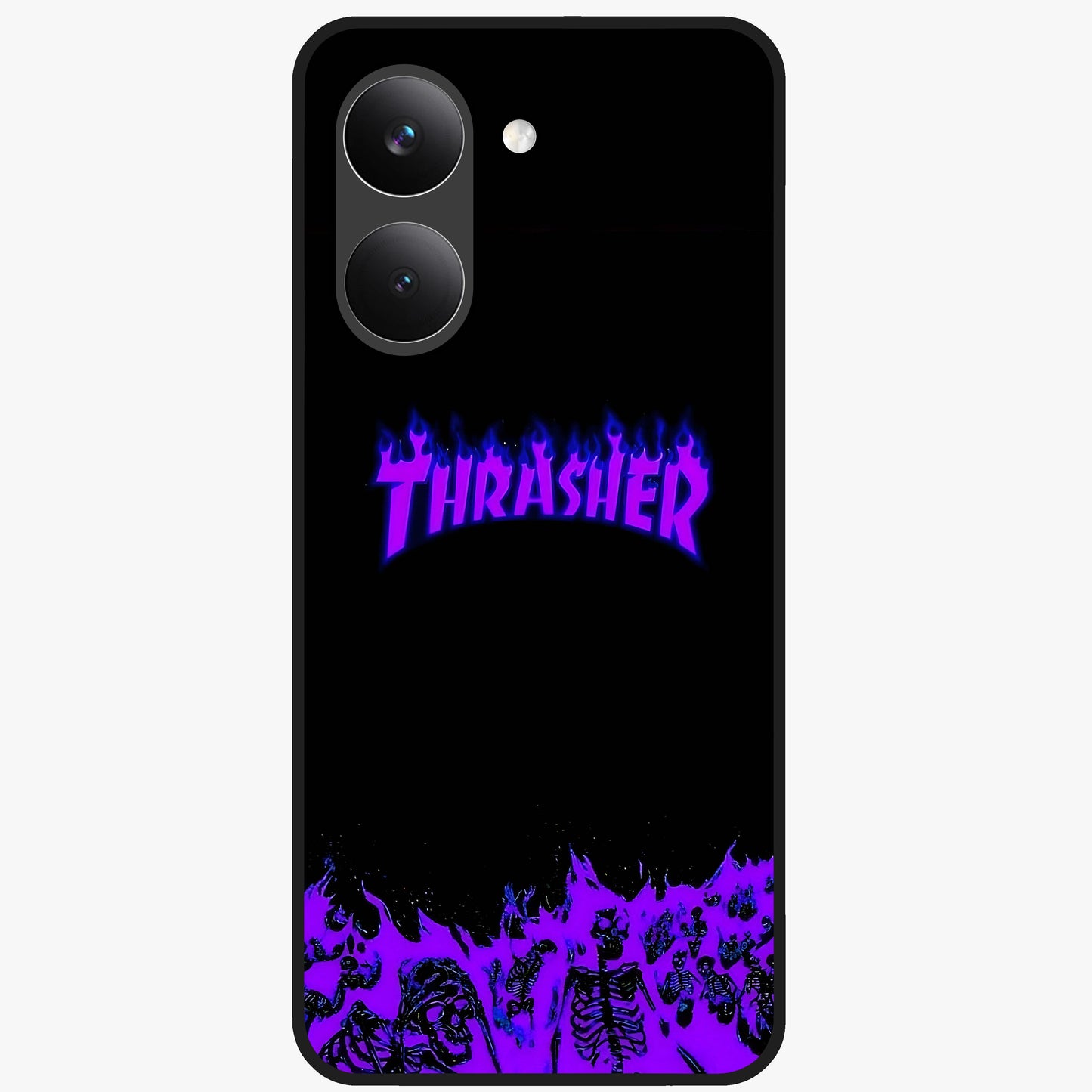 Neon Flame Riot Glass Case showing flat back view with neon flame artwork and glossy glass finish.
