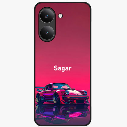 Neon Pink Porsche Glass Case showing flat back view with stylish sports car artwork and glossy glass finish.