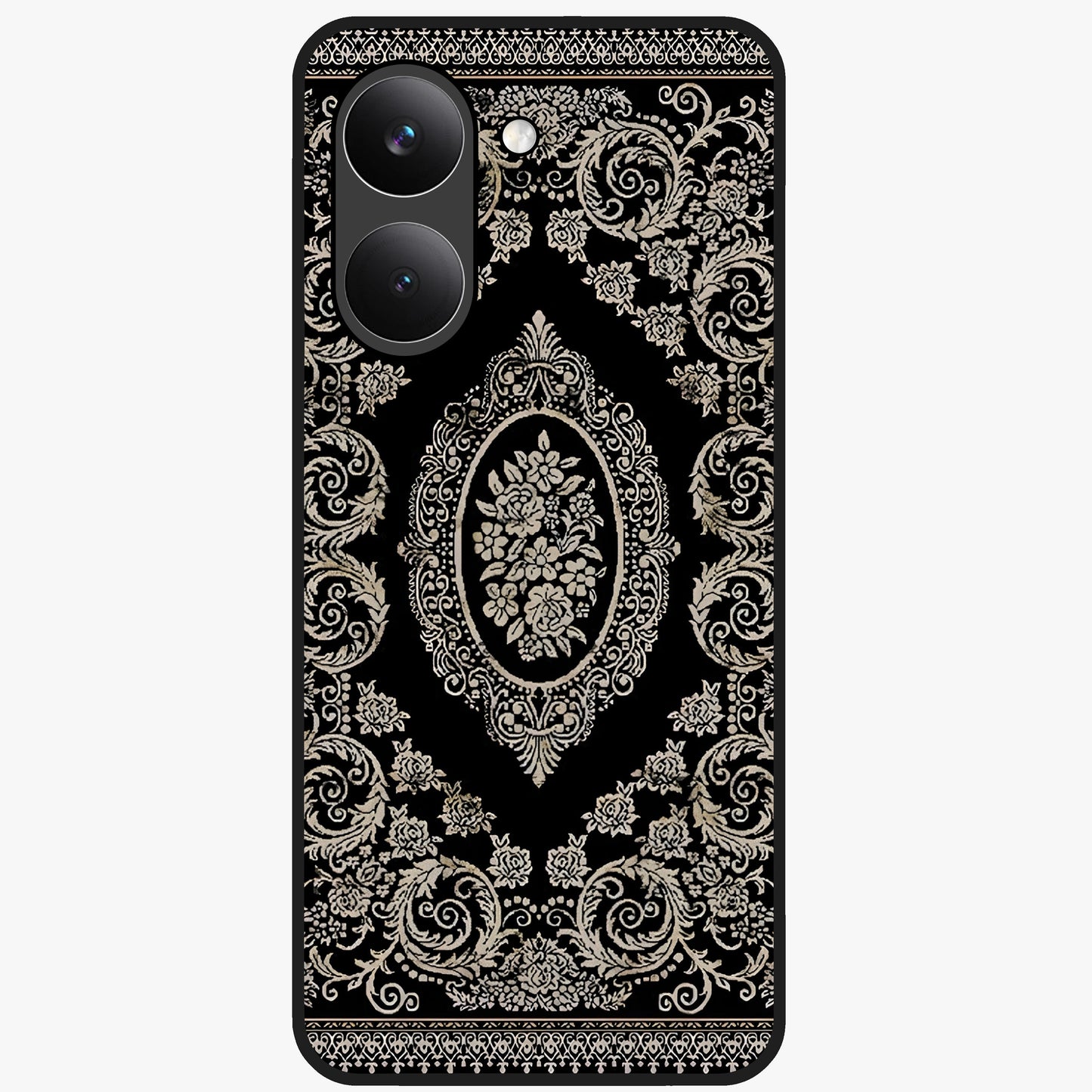 Noir Bloom Elegance Glass Case showing flat back view with elegant dark floral artwork and glossy glass finish.