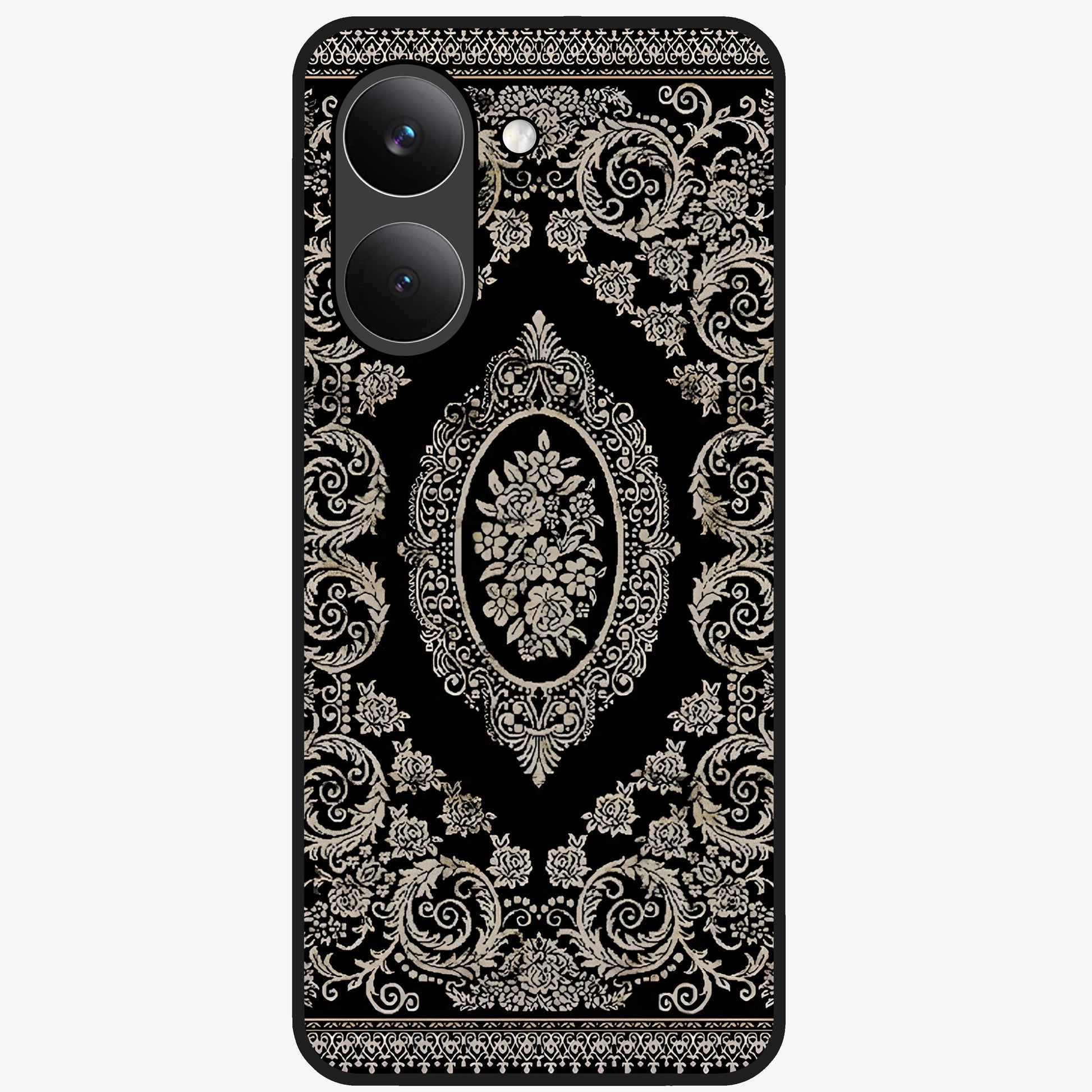 Noir Bloom Elegance Glass Case showing flat back view with elegant dark floral artwork and glossy glass finish.
