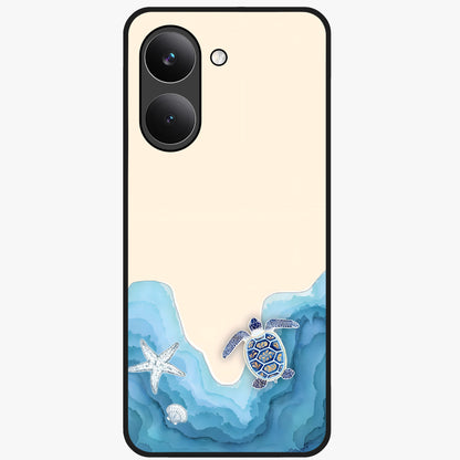 Ocean Drift Turtle Glass Case showing flat back view with sea turtle artwork and glossy glass finish.