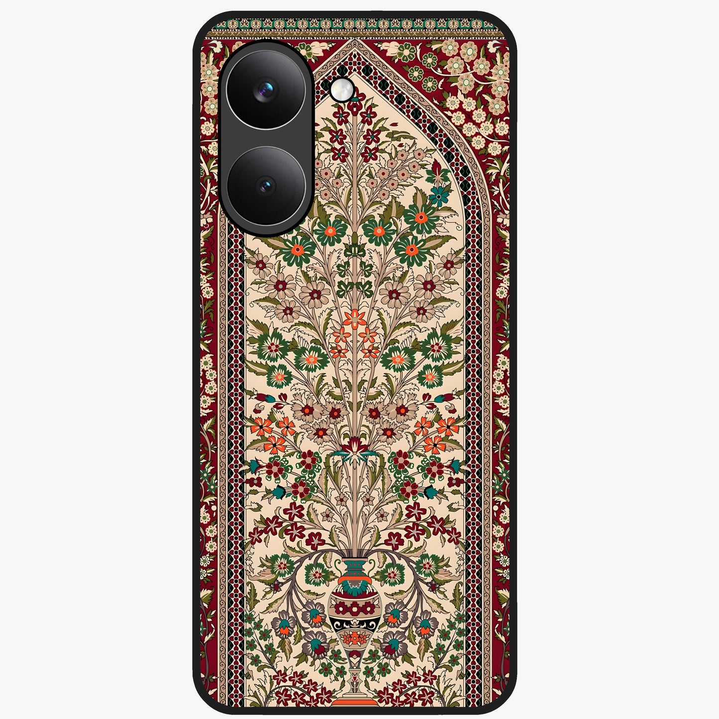 Persian Inspired Glass Case showing flat back view with ornate Persian style pattern artwork and glossy glass finish.