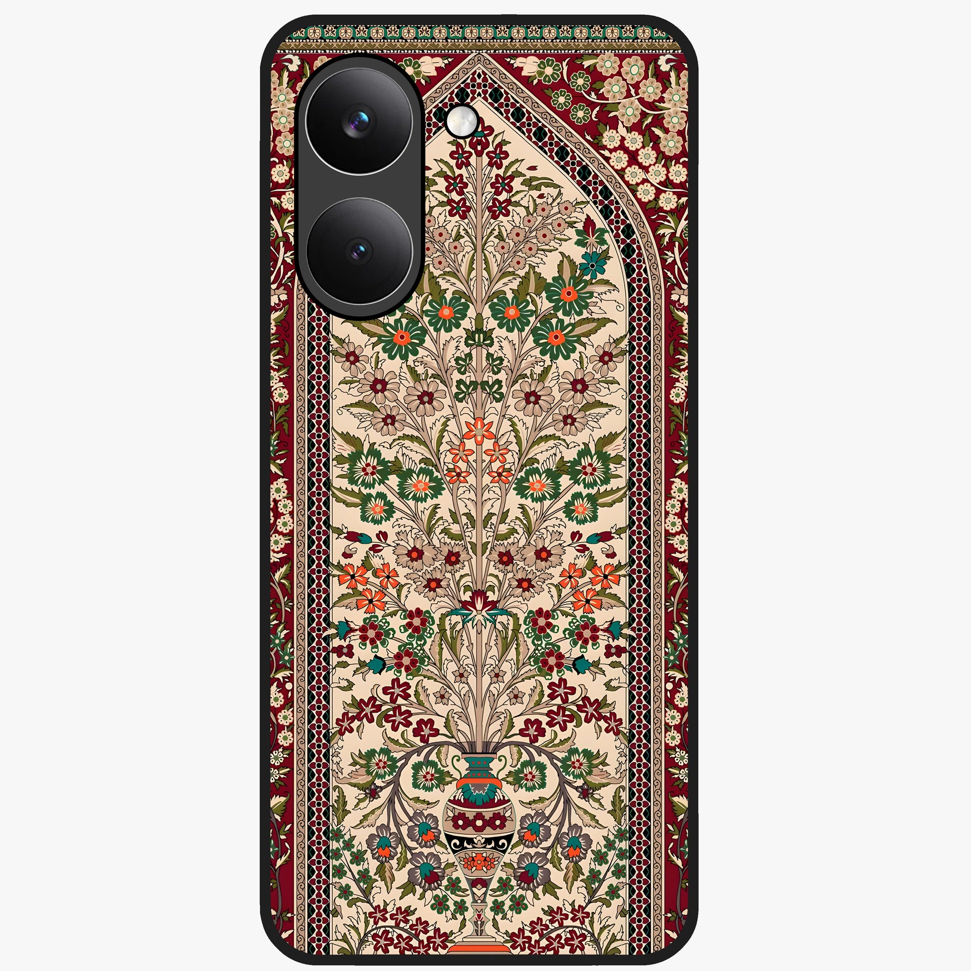 Persian Inspired Glass Case showing flat back view with ornate Persian style pattern artwork and glossy glass finish.