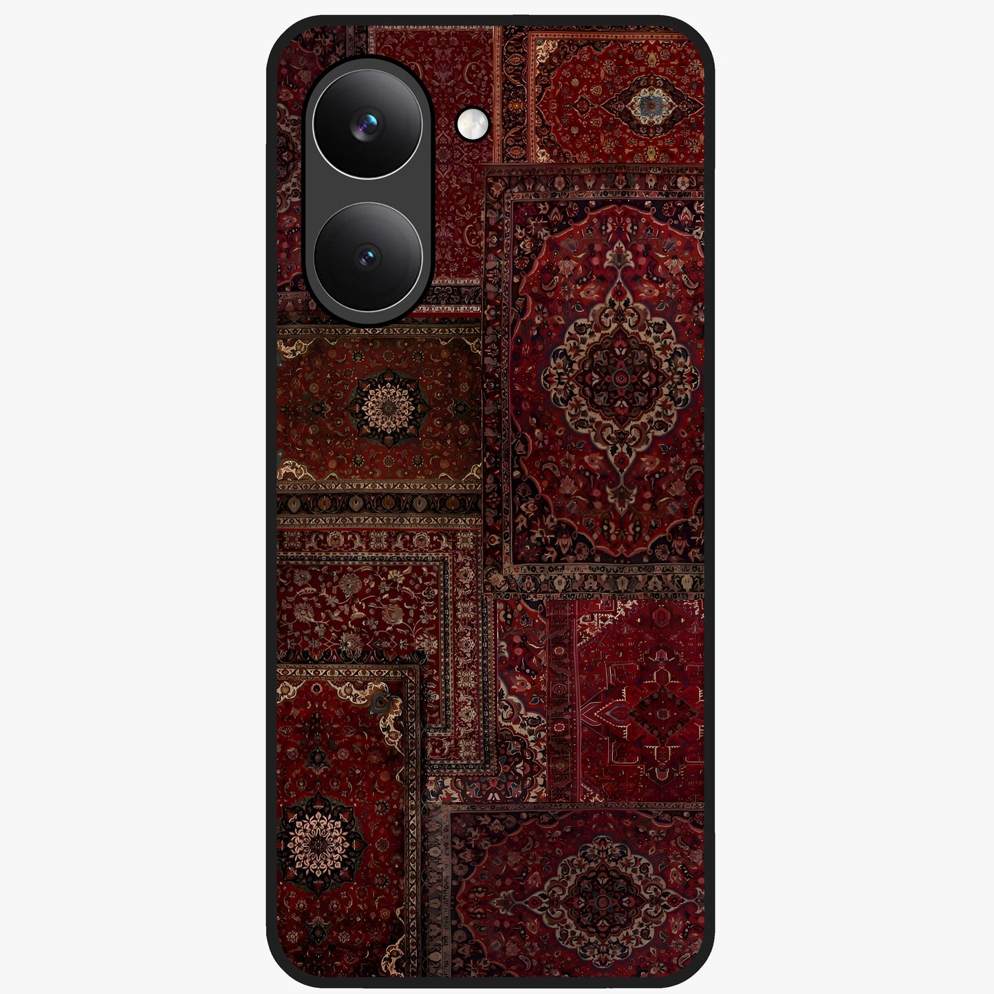 Persian Velvet Tale Glass Case showing flat back view with luxurious Persian velvet pattern artwork and glossy glass finish.