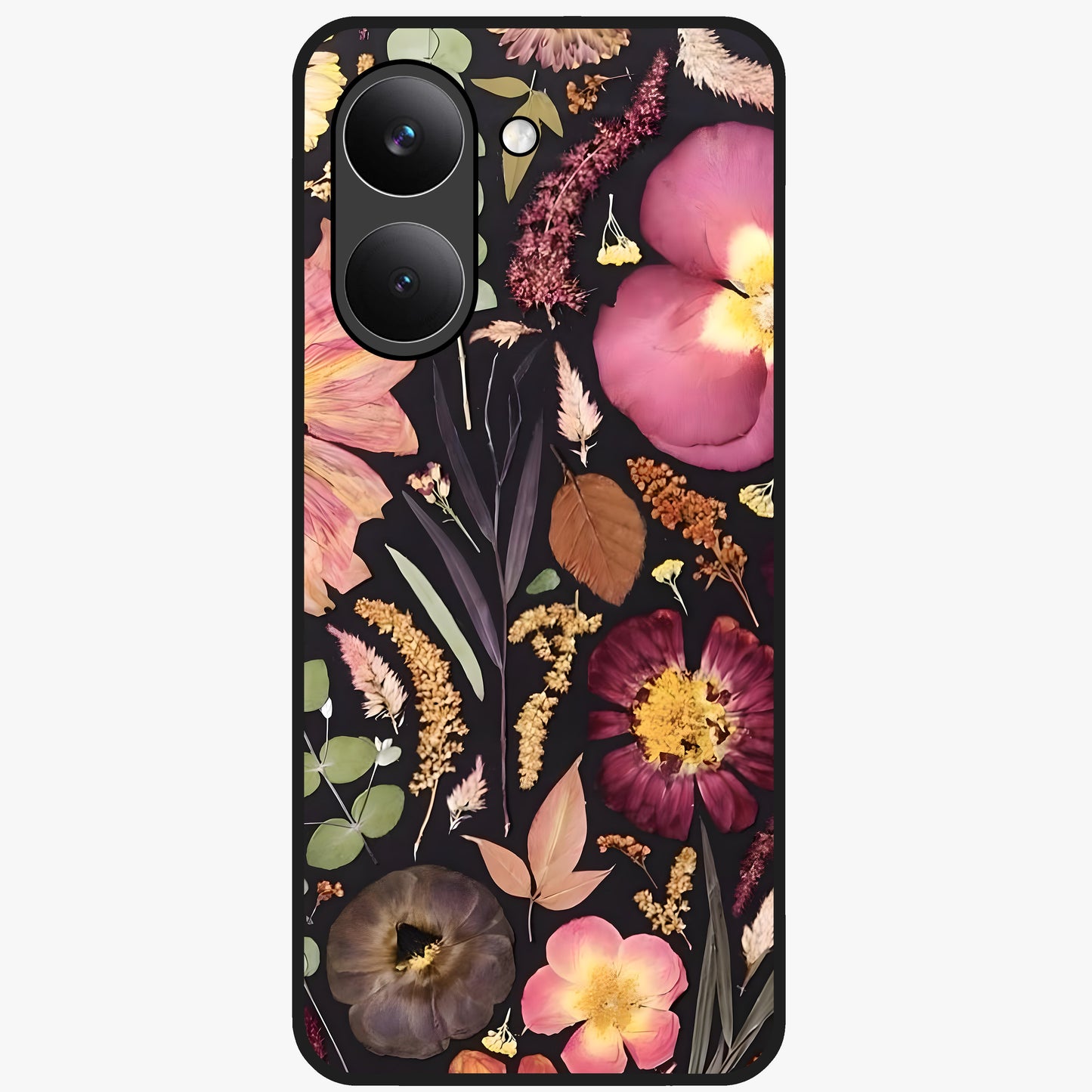 Petal Dream Tapestry Glass Case showing flat back view with intricate floral tapestry artwork and glossy glass finish.