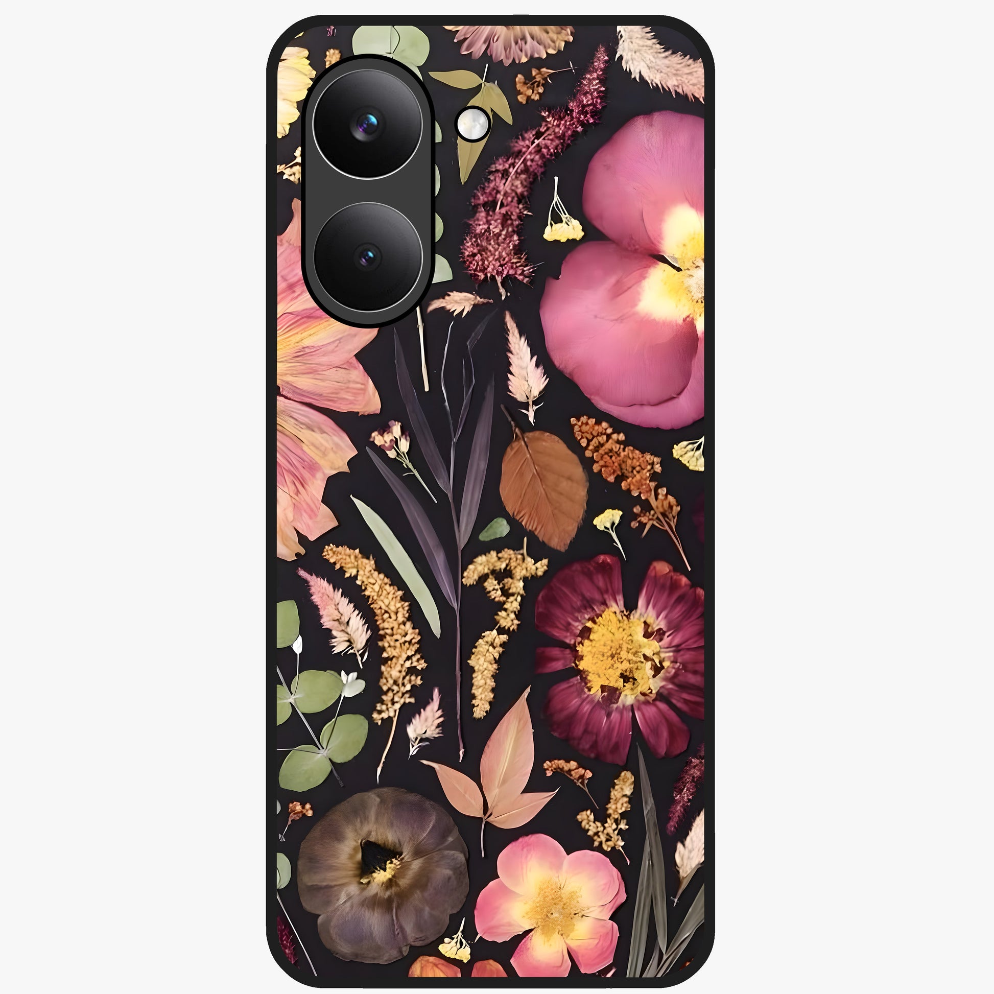 Petal Dream Tapestry Glass Case showing flat back view with intricate floral tapestry artwork and glossy glass finish.