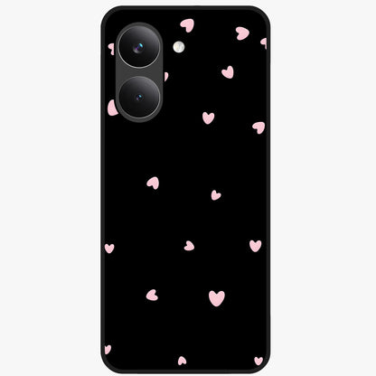 Pink Love Drops Glass Case showing flat back view with playful pink heart drops artwork and glossy glass finish.