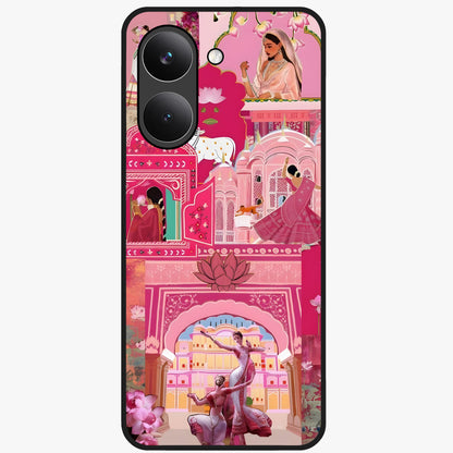 Pink Palace Muse Glass Case showing flat back view with elegant palace inspired artwork and glossy glass finish.